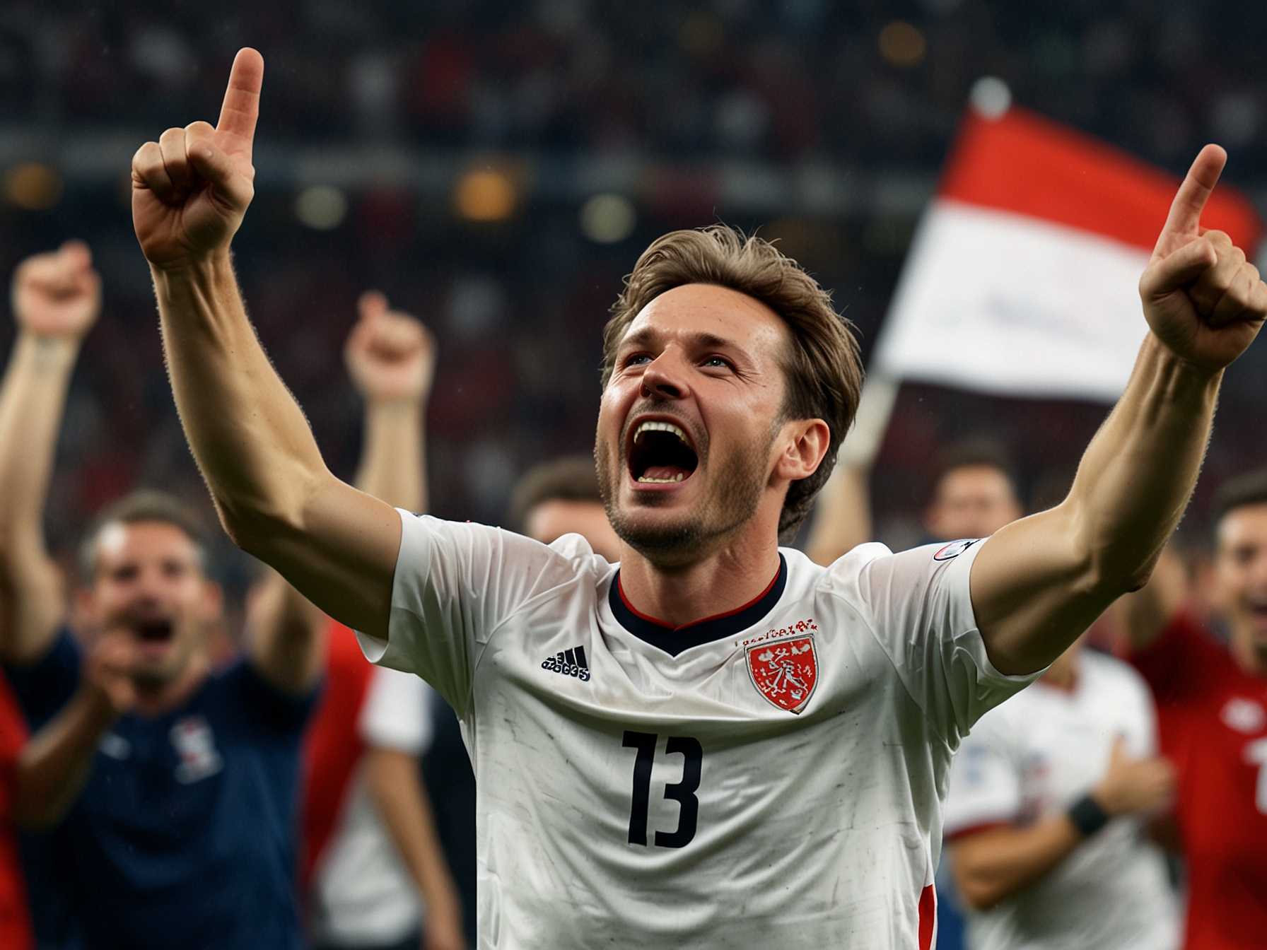Gernot Trauner, amidst an ecstatic celebration, is seen just after scoring the decisive goal, highlighting Austria’s strategic prowess and the turning point of the match.