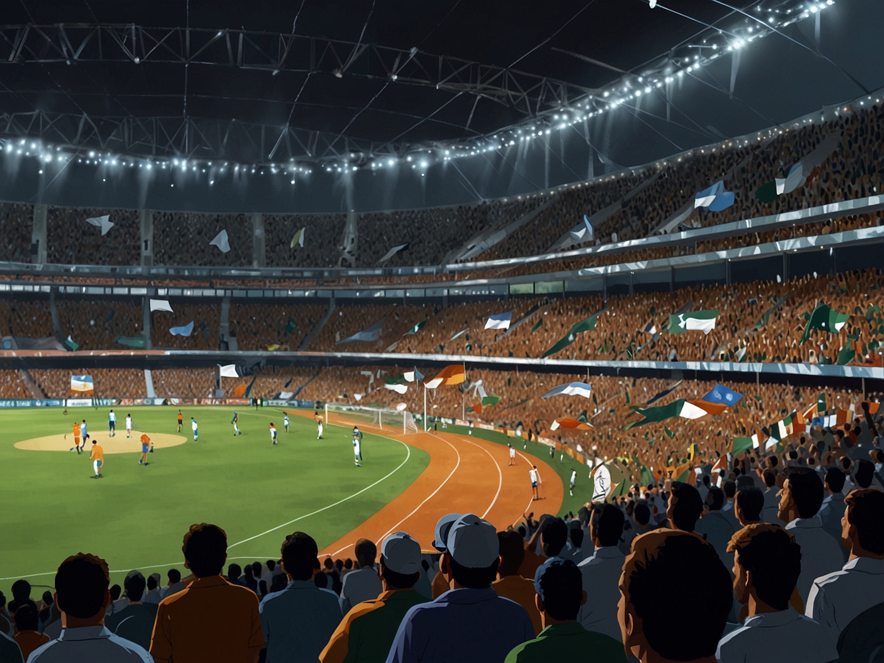 A panoramic view of a packed stadium with fans holding flags, creating an electric atmosphere. The excited crowd epitomizes the high stakes and global enthusiasm for the India-Australia Super-8 matchup.