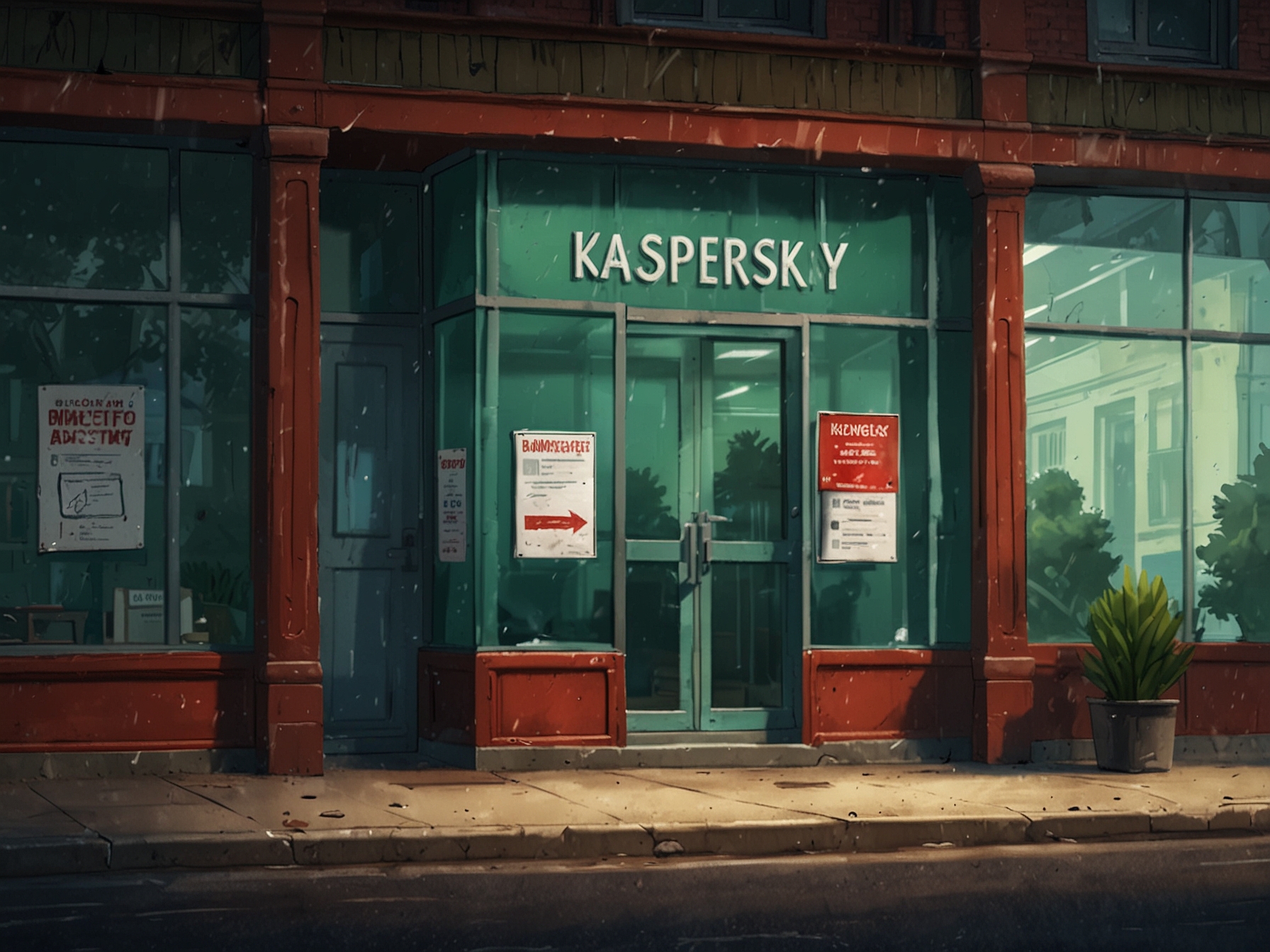 A closed Kaspersky store with a visible 'banned' sign, symbolizing the US government's prohibition on the sale of the software across the country.