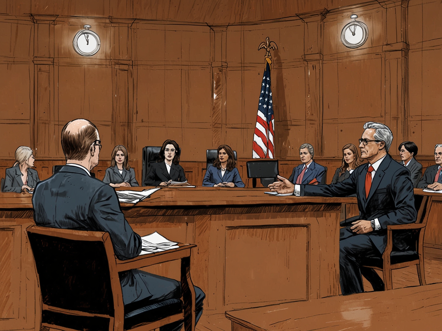 A tense courtroom scene during Lucy Letby's re-trial, showing the judge, jury, and legal teams as the trial progresses, highlighting the high stakes and divided opinions.