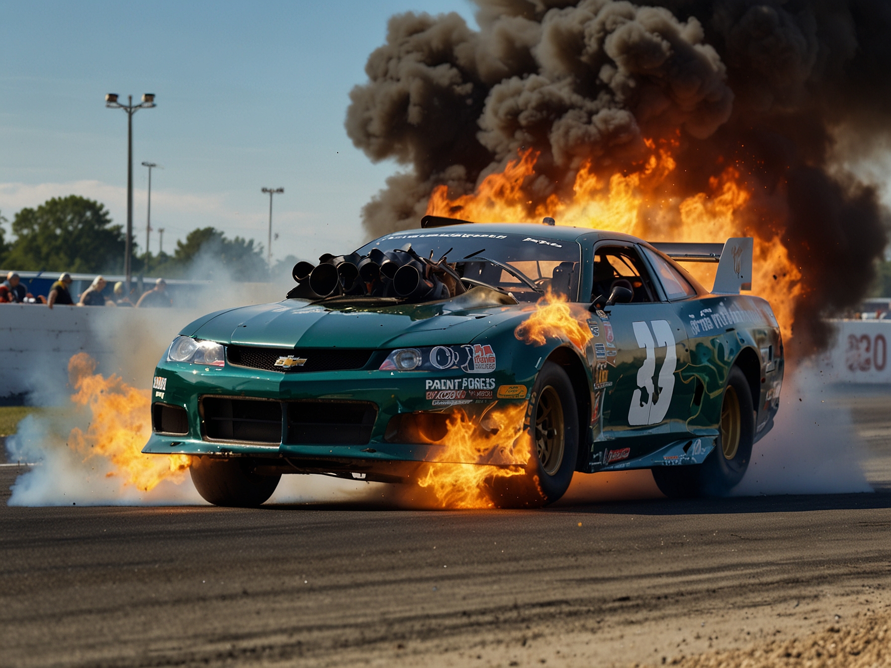 The image depicts John Force's drag racing car in flames following an engine explosion at a Virginia track. Emergency responders work quickly to extinguish the fire and extract Force from the wreckage.