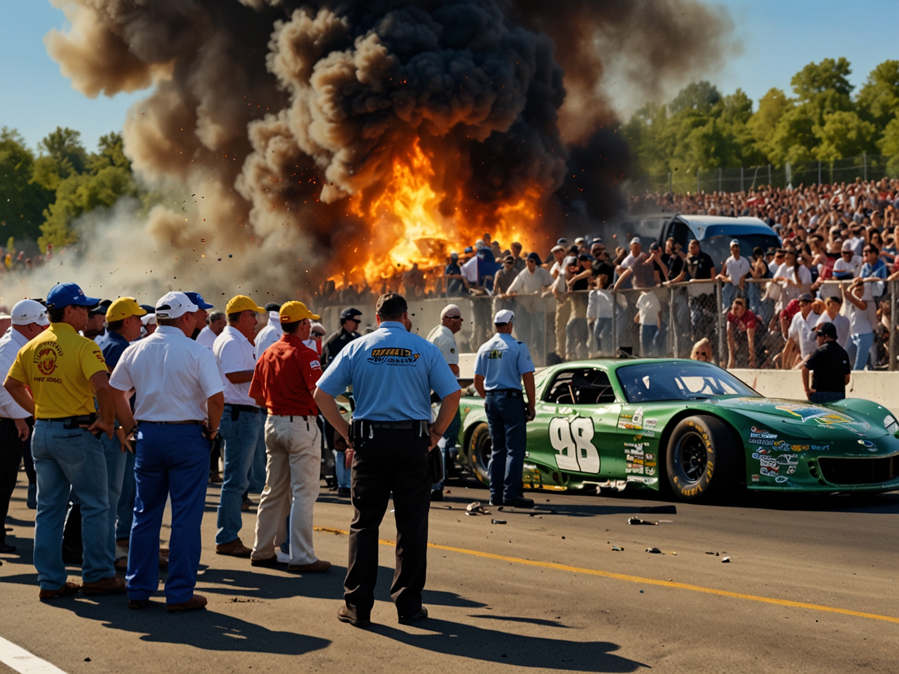 The image shows a concerned crowd of spectators and racing team members looking on as emergency teams handle the aftermath of John Force's fiery crash, underscoring the sport's inherent risks.