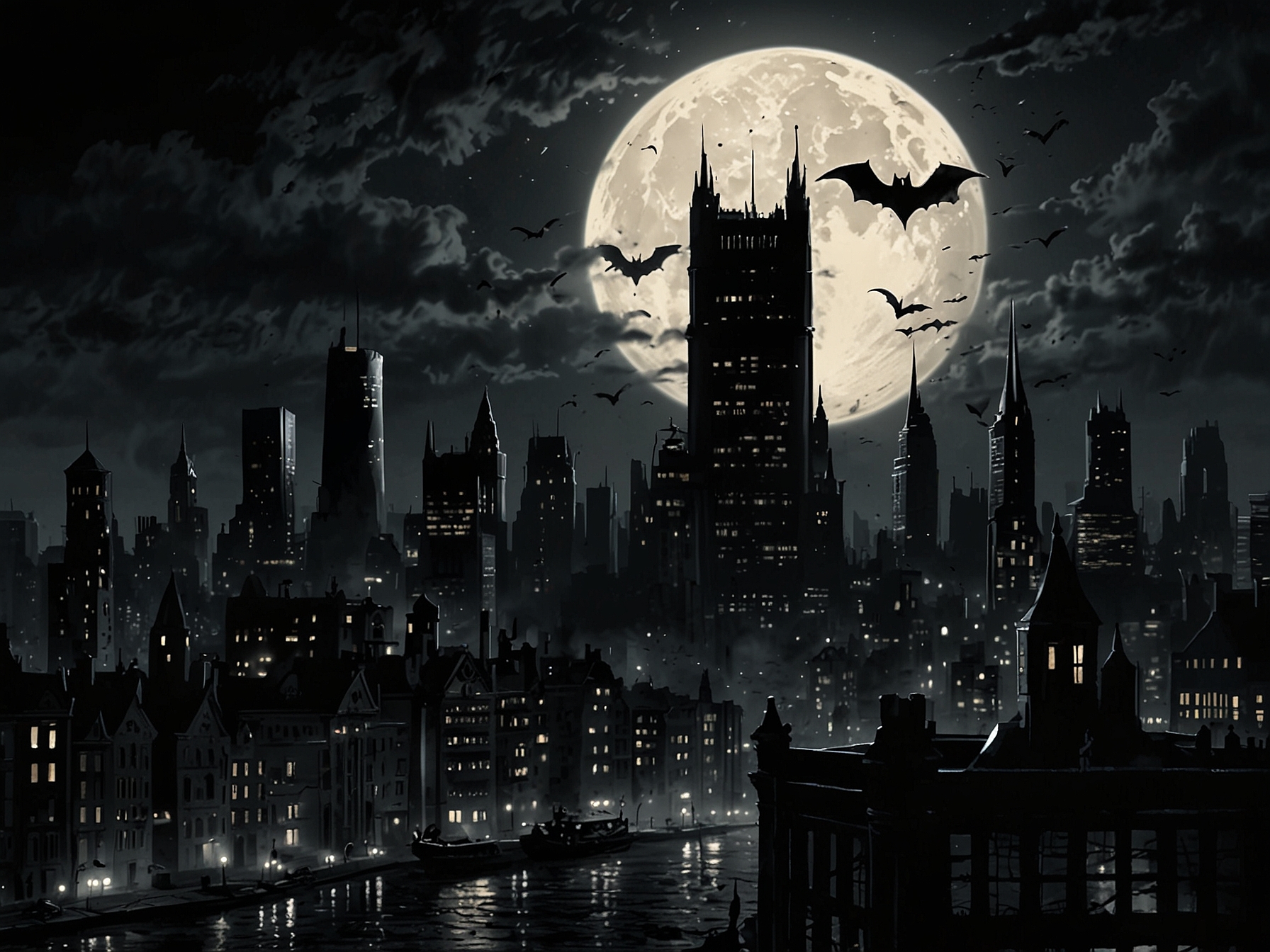 A dark and moody Gotham City skyline at night, illuminated by the Bat-Signal shining in the sky, setting the tone for Batman: Caped Crusader and its noir elements.