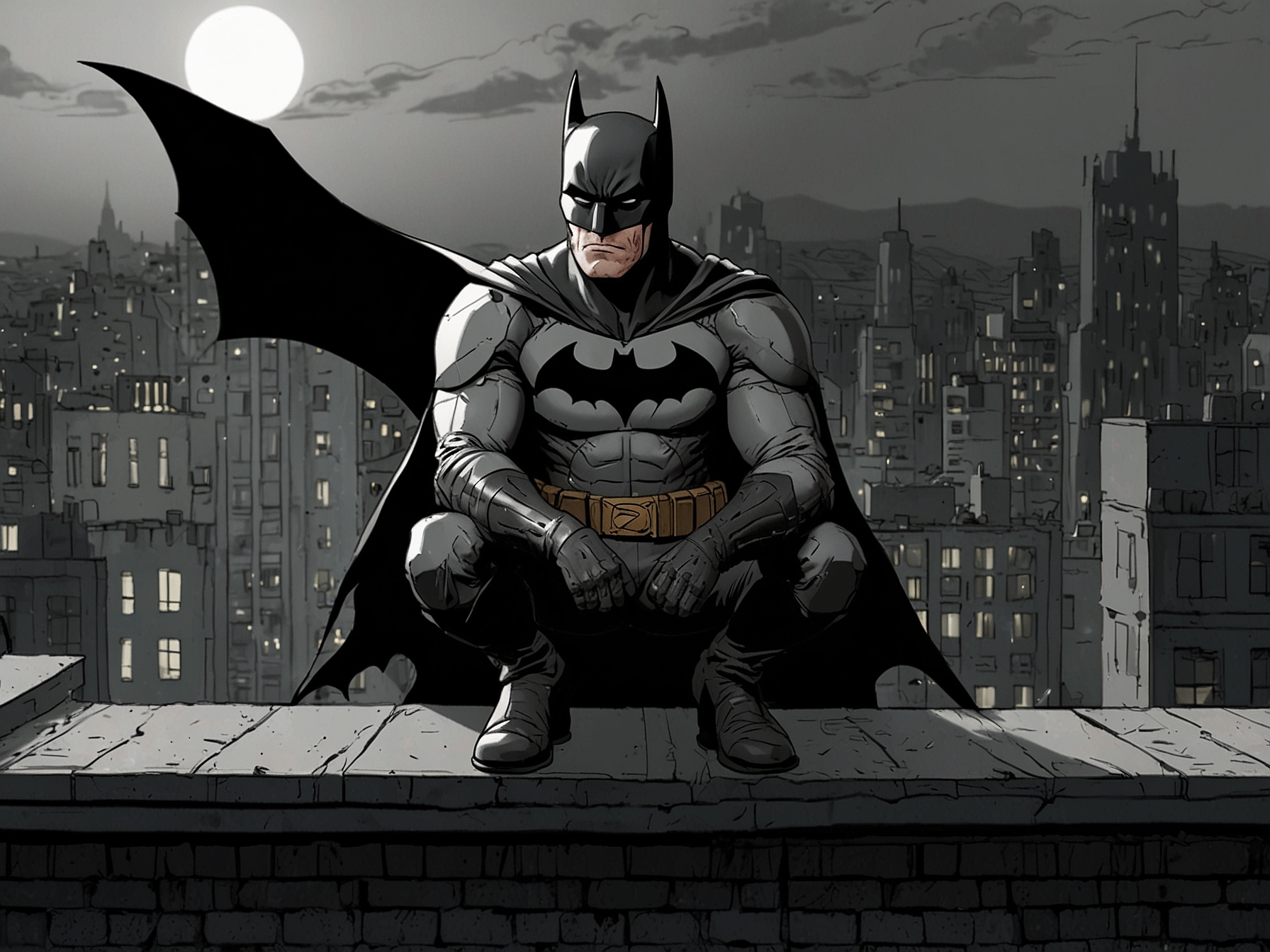 An animated scene featuring Batman, voiced by Hamish Linklater, brooding on a rooftop, showcasing the dark and complex character portrayal promised in the new series.