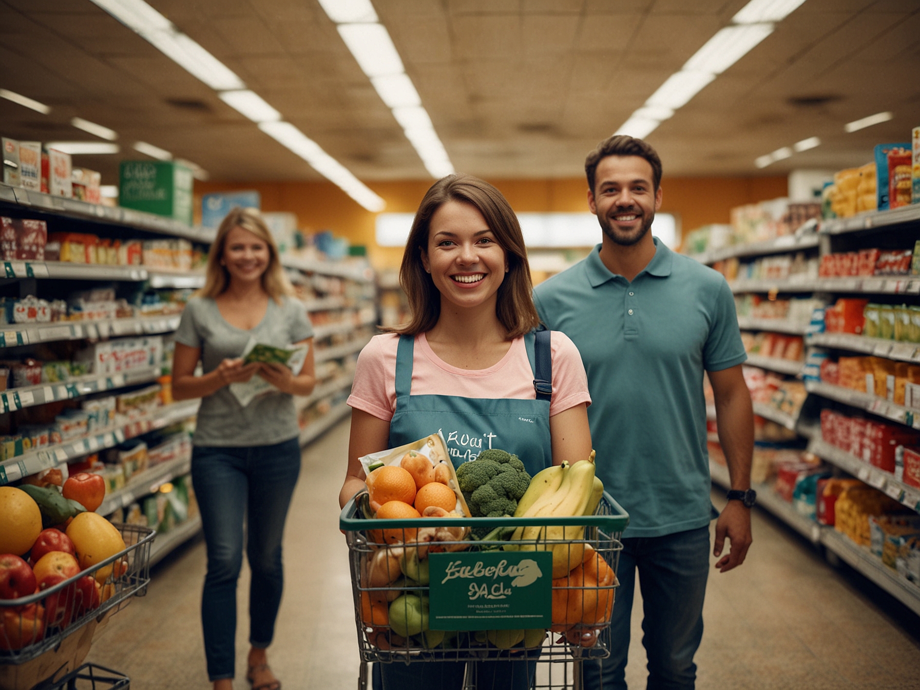 An image of a happy family in a supermarket, holding free school meal vouchers worth up to £120, showcasing how the initiative provides relief to parents by ensuring access to nutritious food during summer.
