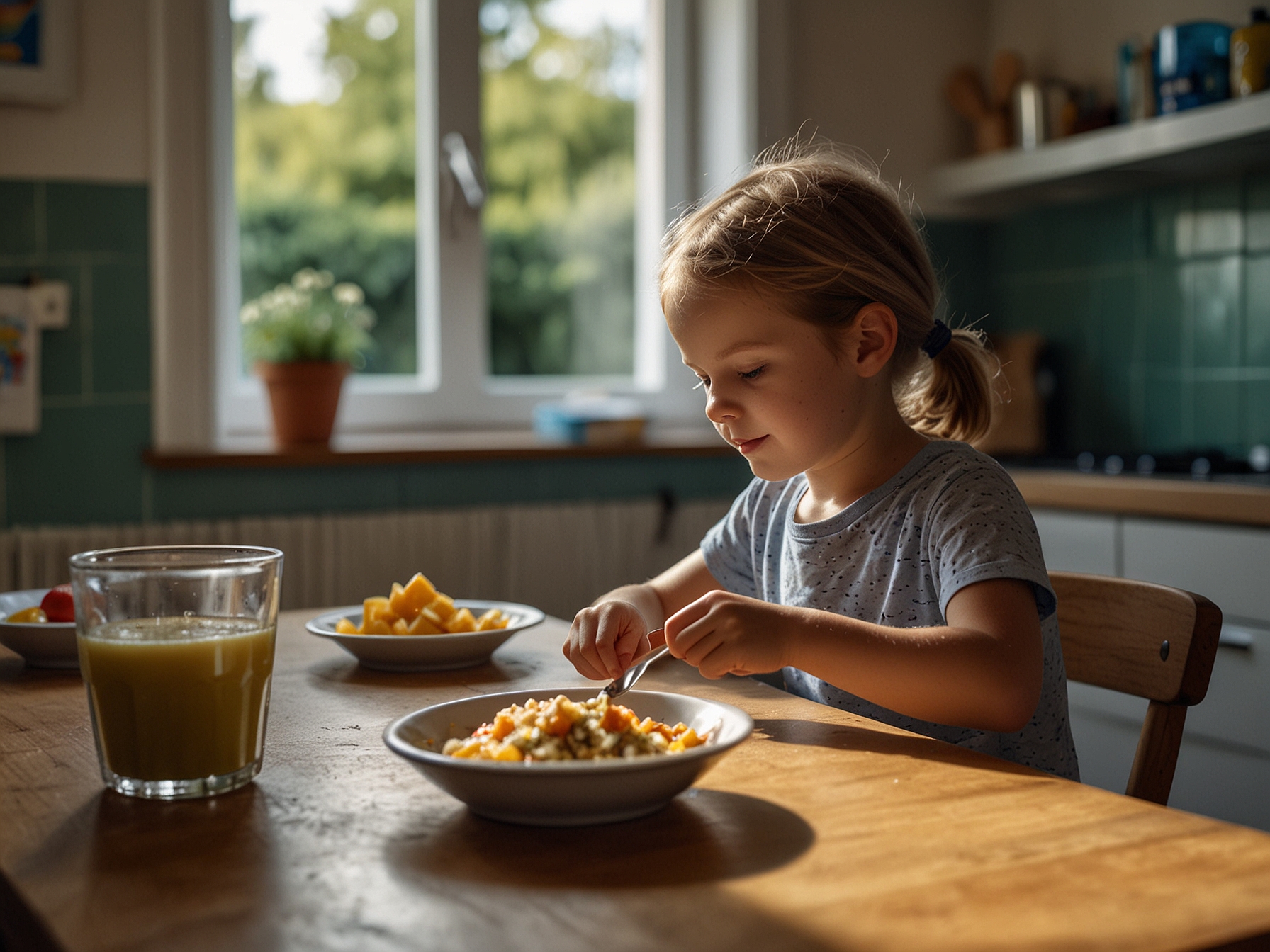 A child enjoying a healthy meal at home with the backdrop of free school meal vouchers on the kitchen counter, symbolizing the government's support in addressing child food insecurity during the summer holidays.