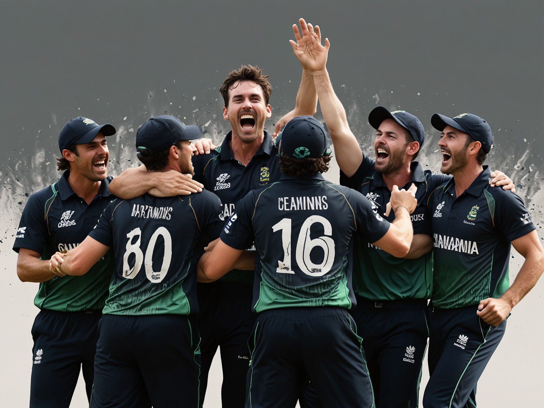 A celebratory image featuring Pat Cummins with his teammates, highlighting the joy and camaraderie after securing a crucial victory in the T20 World Cup match against Bangladesh.