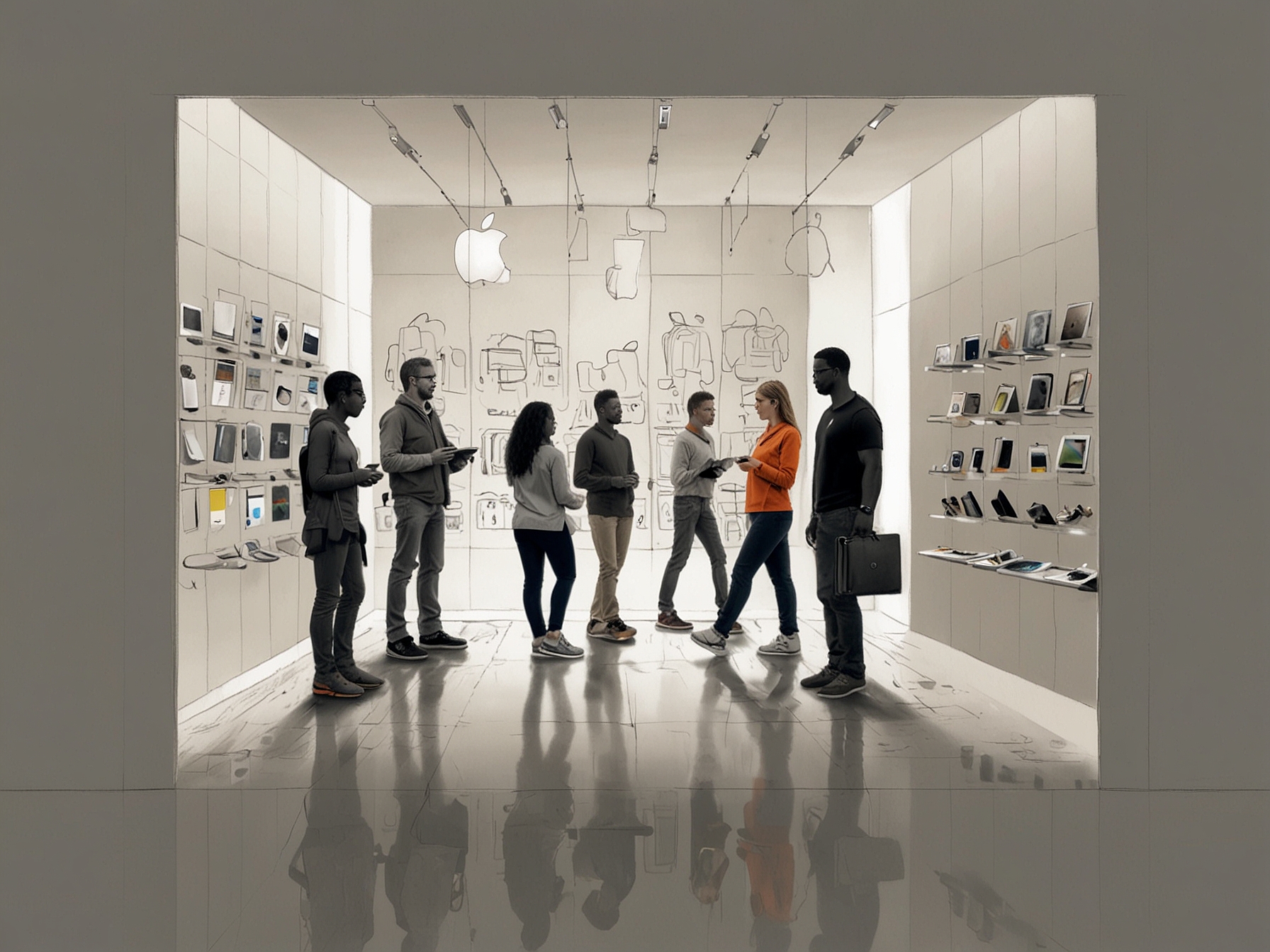 A dynamic illustration showcasing Apple's diverse range of products, including iPhones, MacBooks, and wearables, highlighting its innovative approach and market leadership.