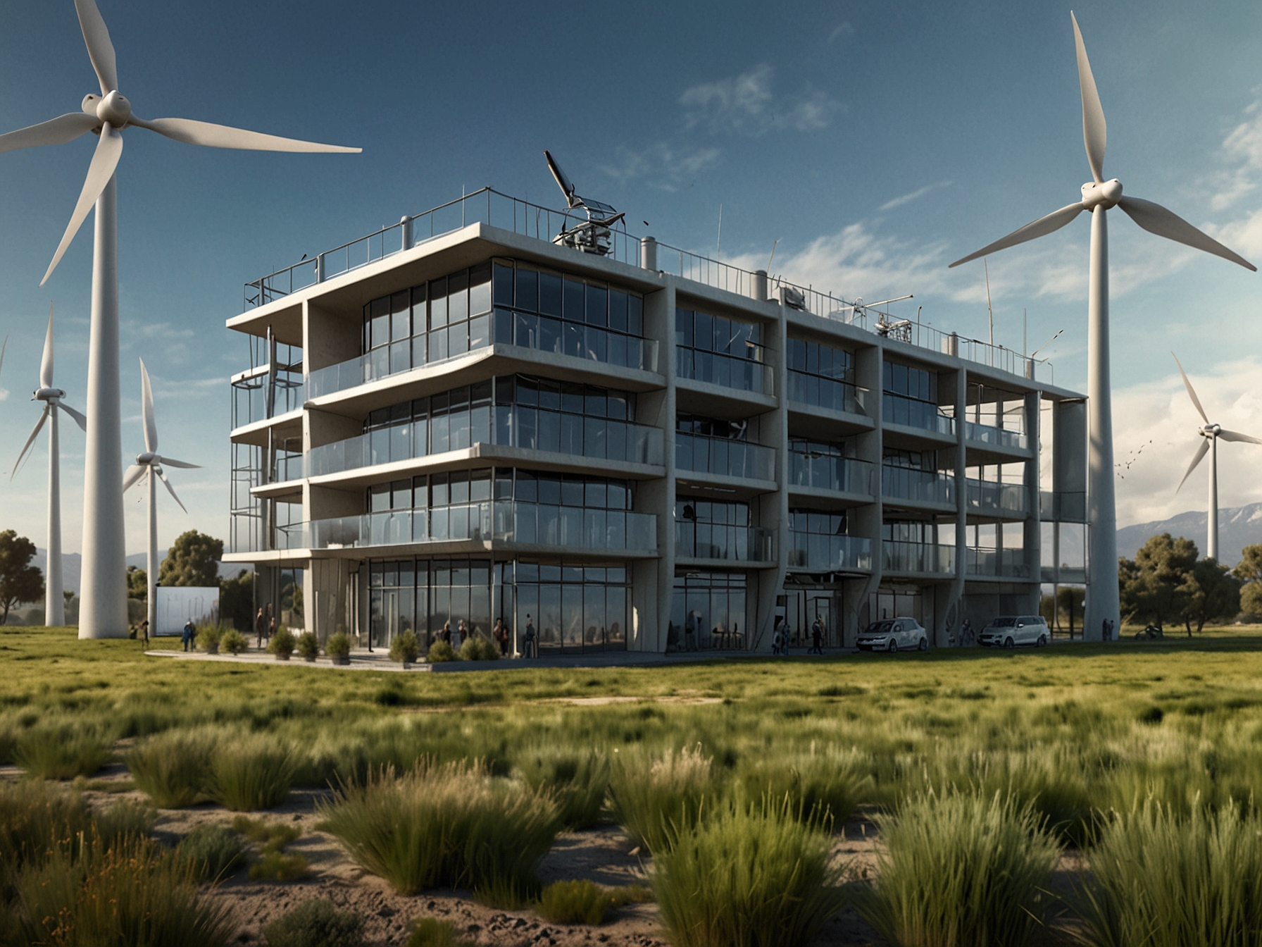 A depiction of Octopus Energy's headquarters with a background of renewable energy sources like wind turbines and solar panels, symbolizing their green energy commitments and acquisition of Bulb.