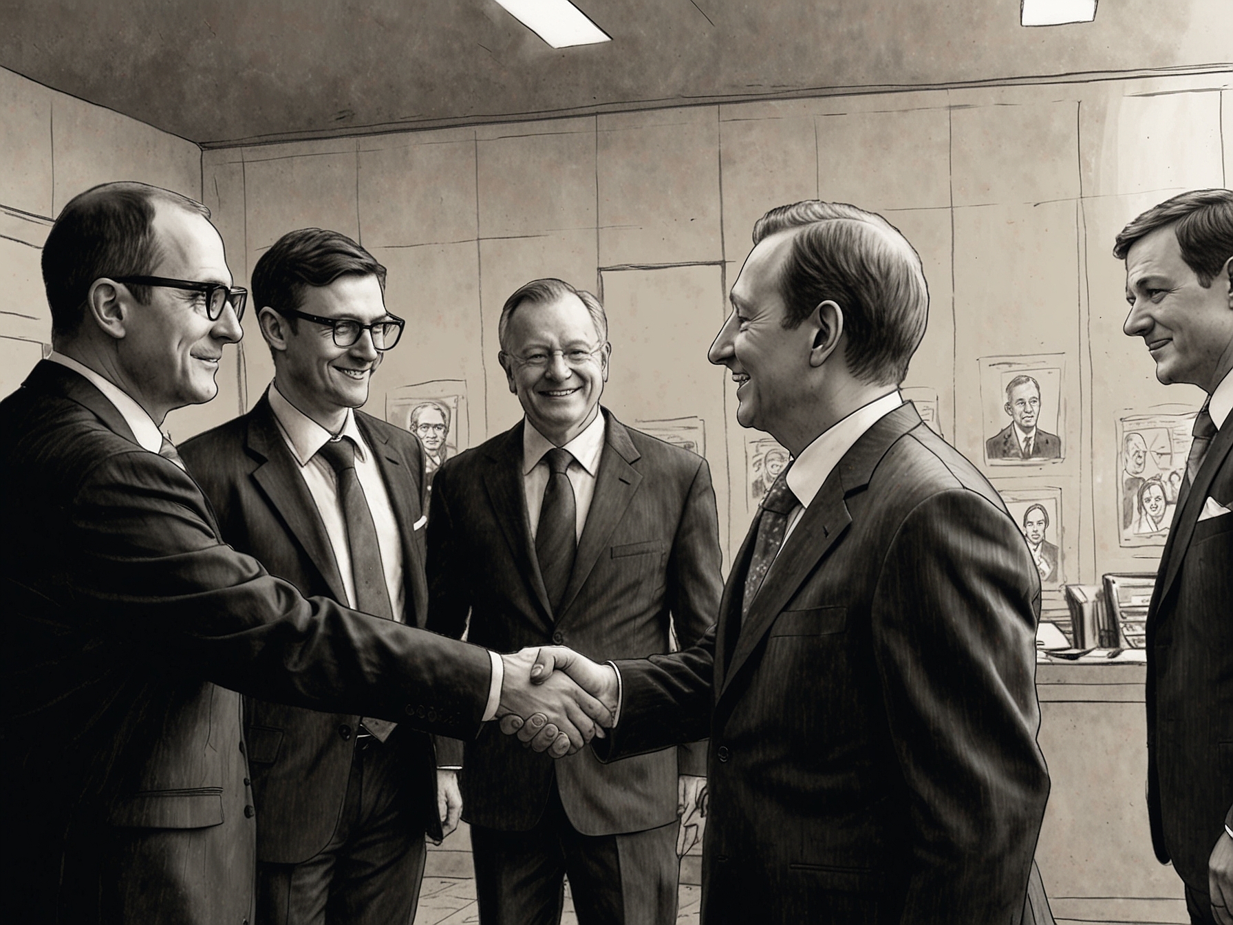 An illustration showing a handshake between government officials and Octopus Energy executives, representing the collaborative effort in repaying the £3 billion taxpayer money used in Bulb’s nationalisation.