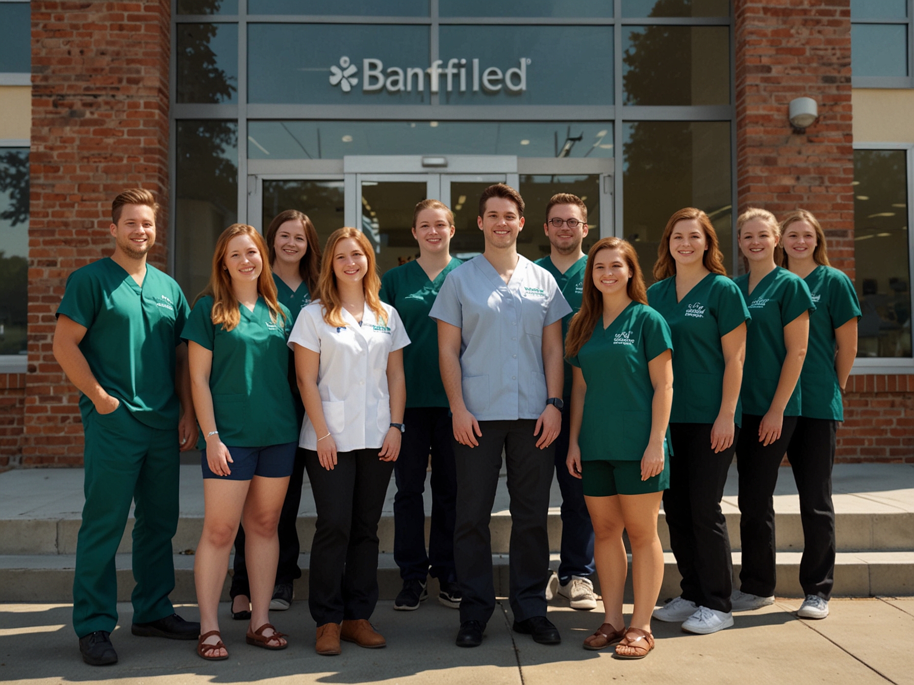A diverse group of 30 excited veterinary students stand in front of a Banfield Pet Hospital, ready to start their one-of-a-kind NextVetTM summer internship.