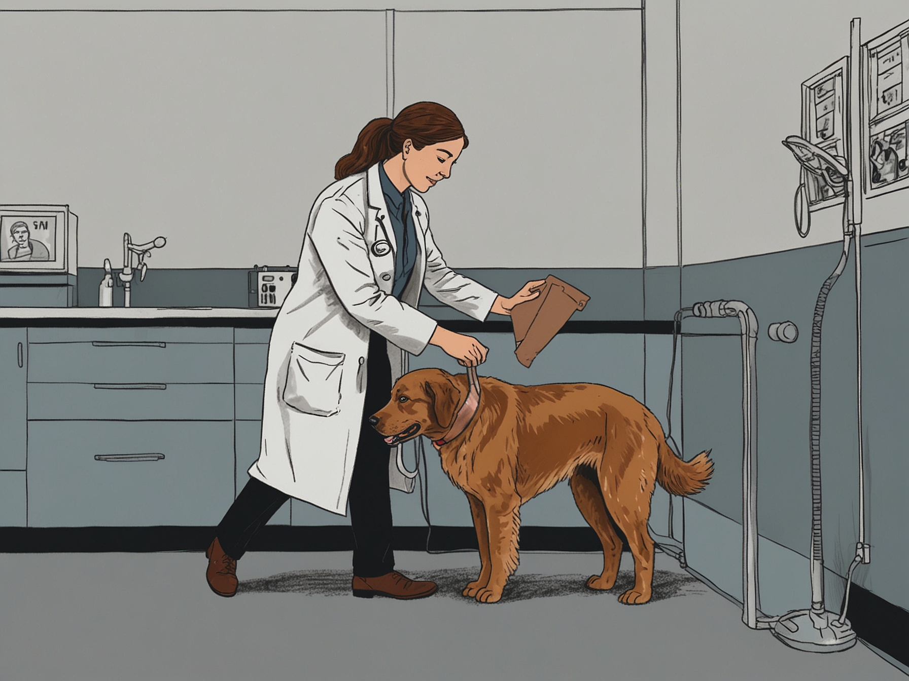 Veterinary intern performs a routine check-up on a dog under the guidance of a seasoned veterinarian, illustrating the hands-on experience offered by the NextVetTM program.