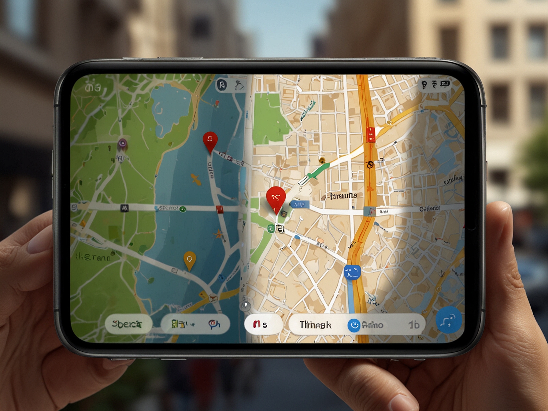 Image depicting an iPhone screen with Apple Maps open, highlighting the new 'Search here' button in action as users search for a distant location.