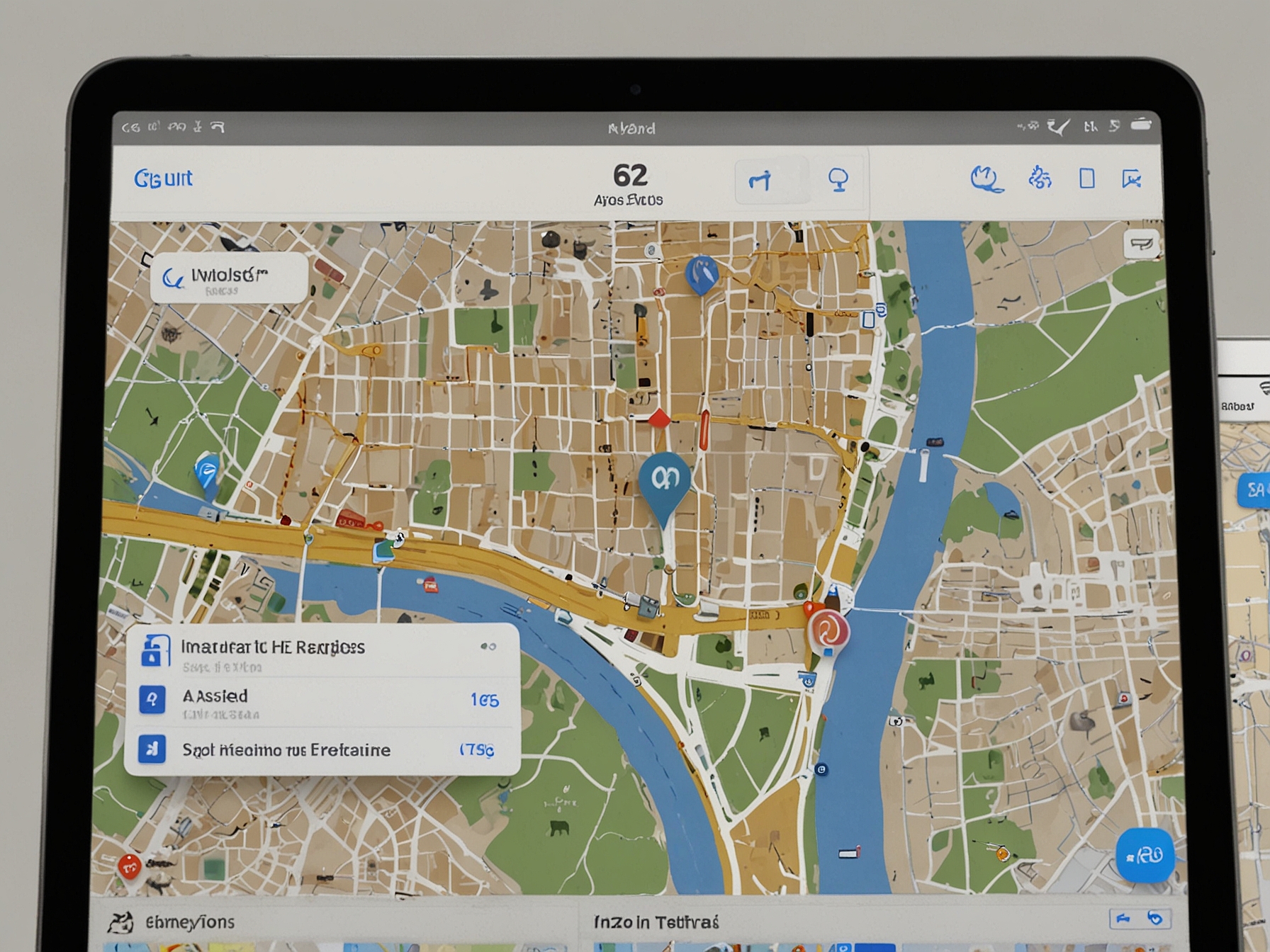 Illustration of Apple Maps’ user interface with zoomed-in area and search results displayed, showcasing businesses and landmarks in a designated distant location.