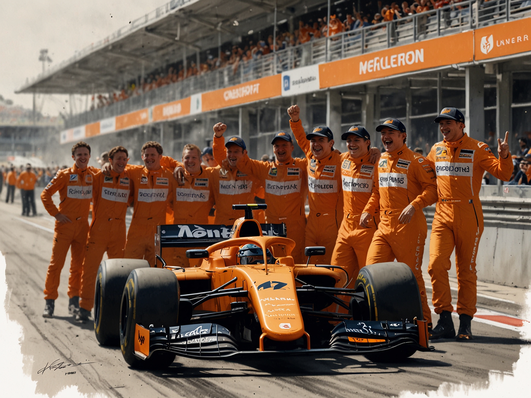 Lando Norris celebrating his pole position alongside the McLaren team, showcasing their joy and triumph at the Circuit de Barcelona-Catalunya after a remarkable qualifying session.