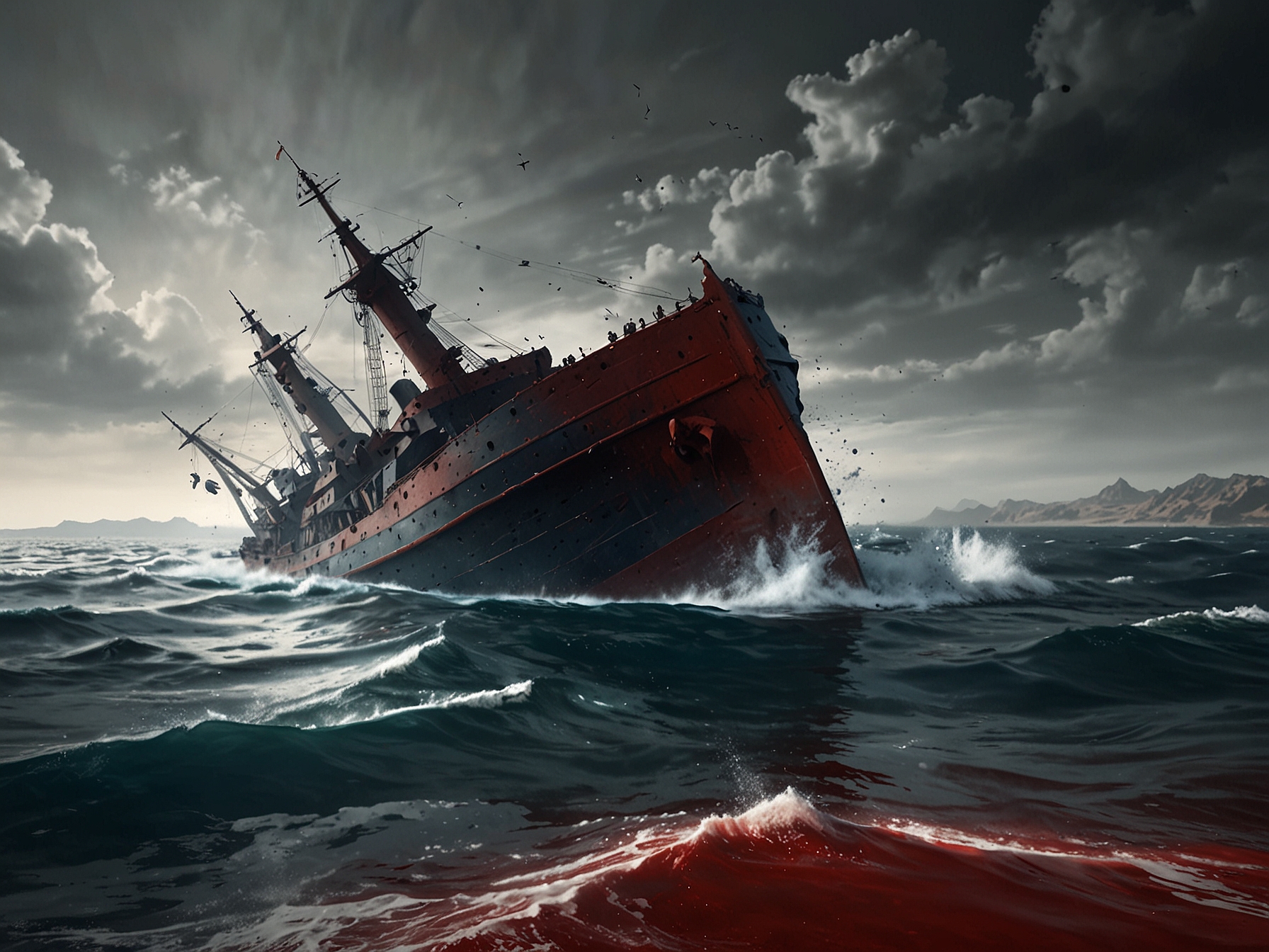 A dramatic image of a sinking ship in the Red Sea, illustrating the heightened risks and disruptive impacts on critical maritime routes due to Houthi rebel activities.