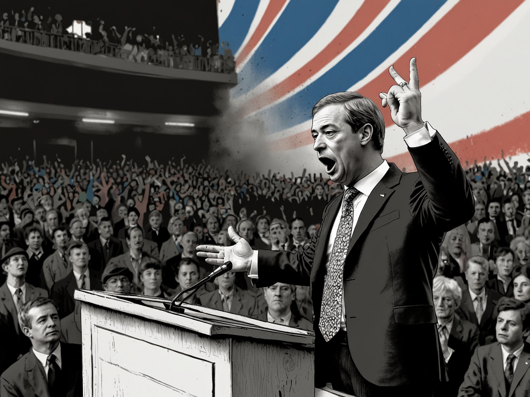 Nigel Farage addressing a rally, symbolizing his party's aggressive campaign efforts and strategic moves in pivotal constituencies as the election approaches.