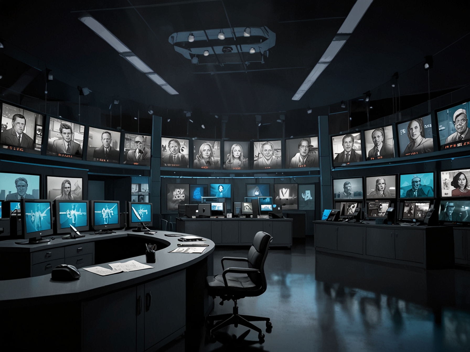 An NBC studio with screens playing popular true crime shows like 'Dateline NBC,' symbolizing the network's strong identity in delivering gripping and investigative programming.