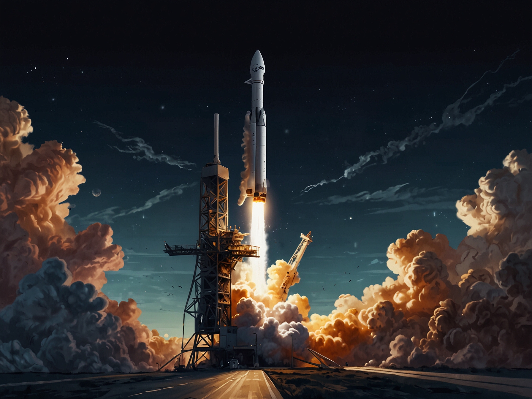 Illustration depicting a SpaceX Falcon rocket launch, symbolizing the collaborative efforts between private companies and government agencies in advancing space exploration.
