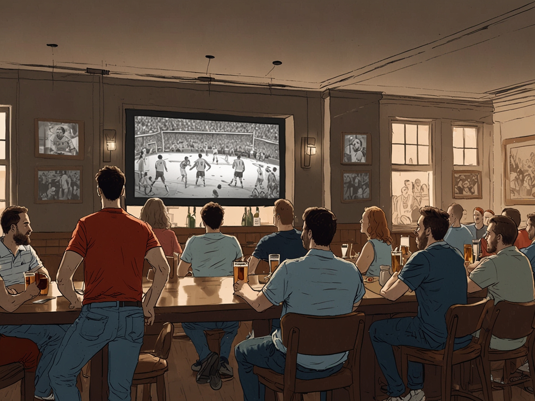 A crowded sports bar with U.S. soccer fans watching the France vs. Austria game on multiple large TV screens, capturing the excitement and engagement of the viewers.