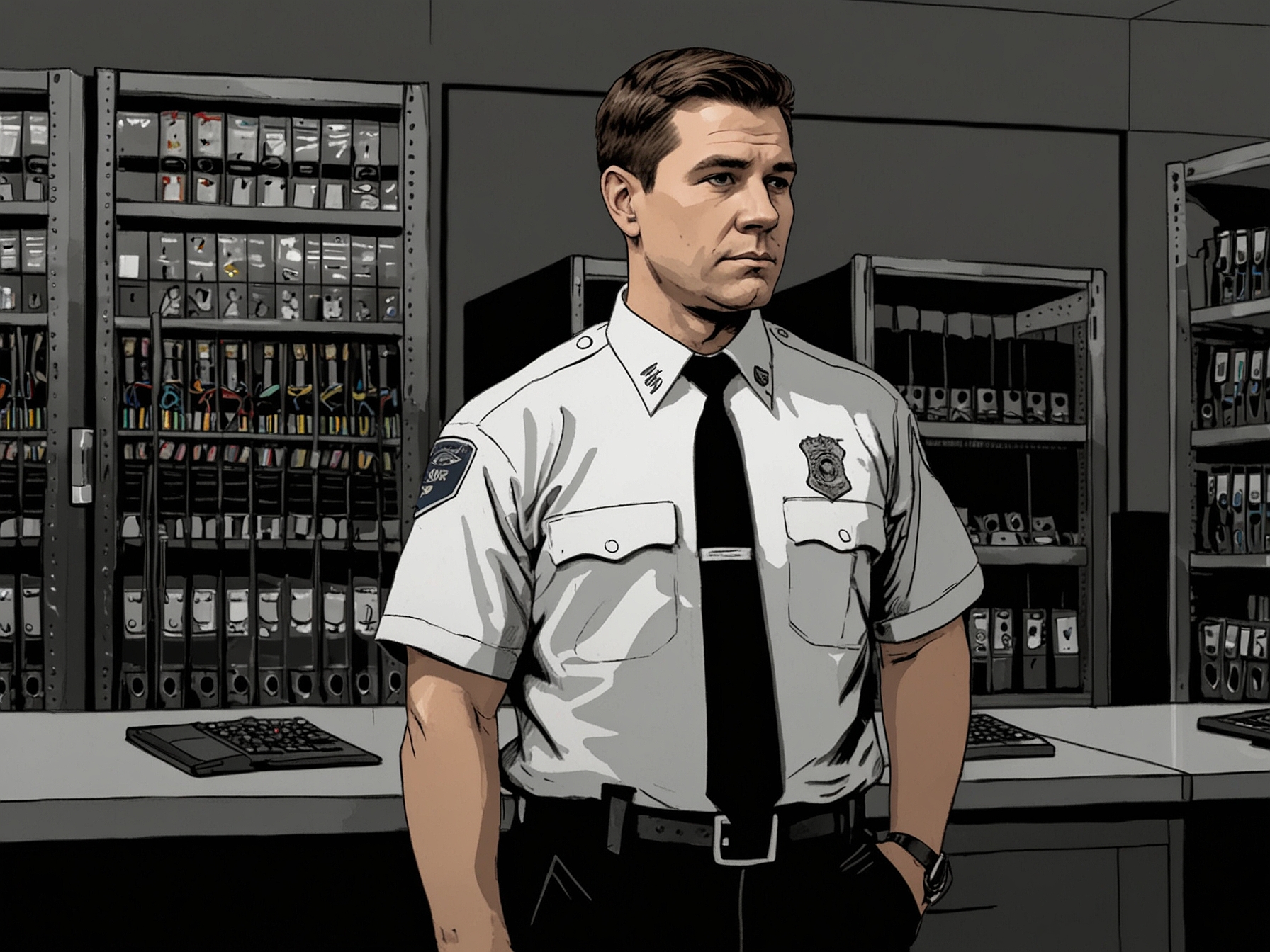 A law enforcement officer stands by a server rack, symbolizing the extensive cyber forensic investigation that led to the conviction of five men running an illegal streaming service.