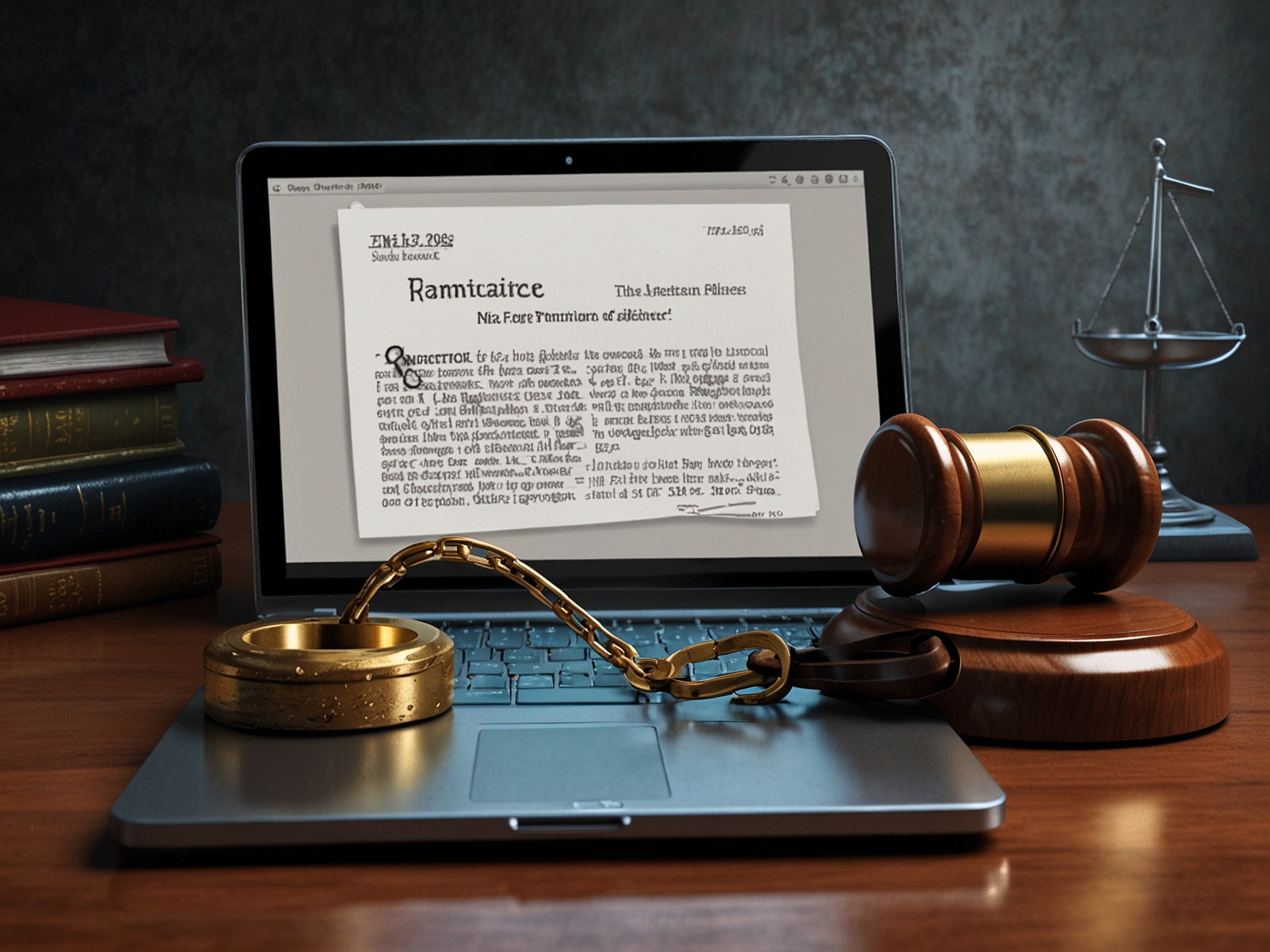 A gavel and a handcuff rest on top of a laptop, representing the legal ramifications and charges faced by the operators of the illegal streaming platform convicted by the Justice Department.
