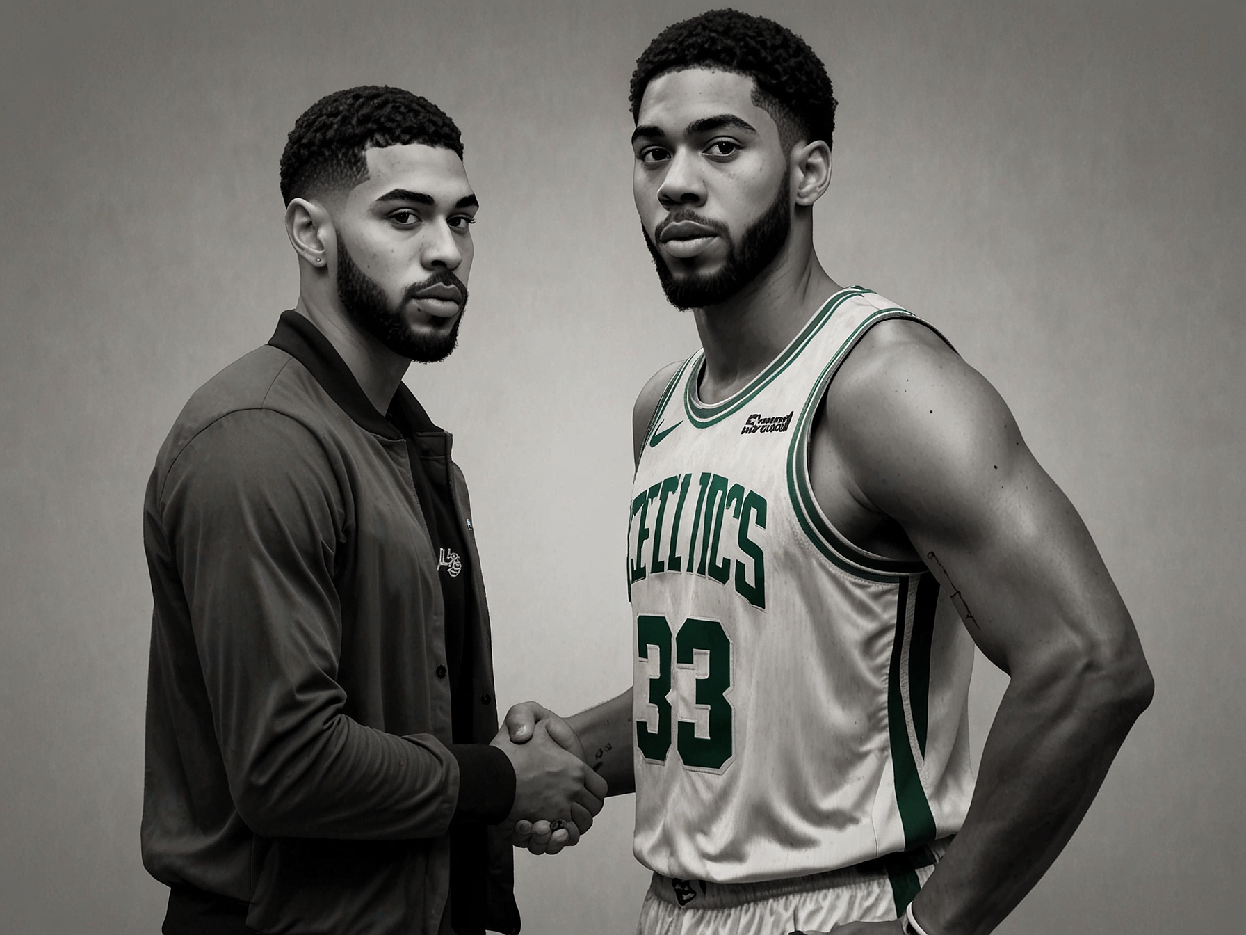 An illustration showing Anthony Davis in a Boston Celtics jersey shaking hands with Jayson Tatum in a Los Angeles Lakers jersey, capturing the major trade between the two star players.