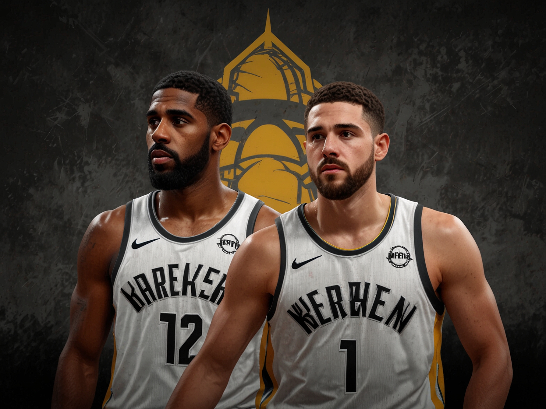 A graphic depicting Kyrie Irving and Klay Thompson in their new team uniforms after the Brooklyn Nets and Golden State Warriors trade, emphasizing their new roles and expected impact.