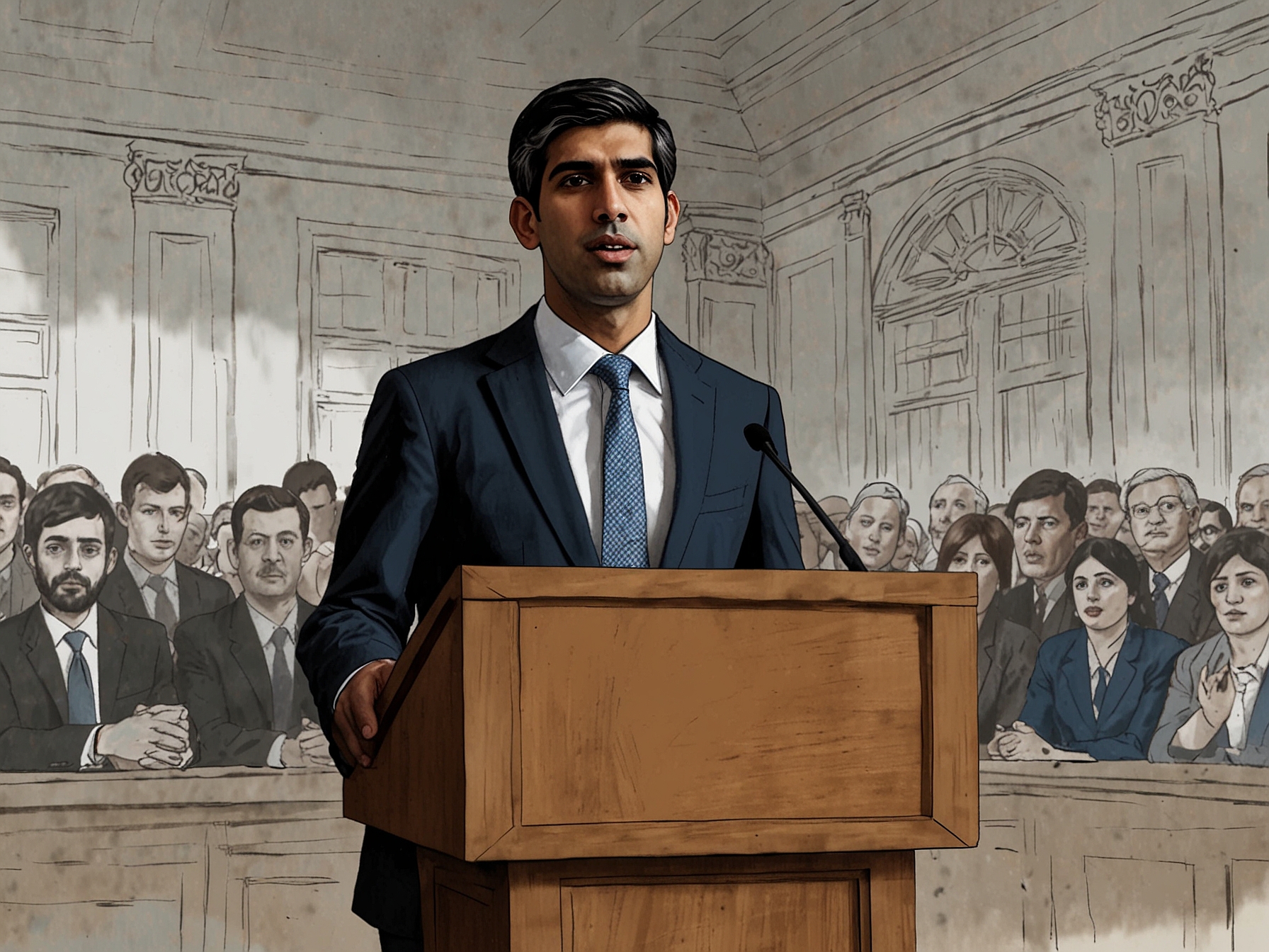 Prime Minister Rishi Sunak standing behind a podium, responding to questions about the betting investigation, indicating his stance of being unaware of further investigations involving Tory members.