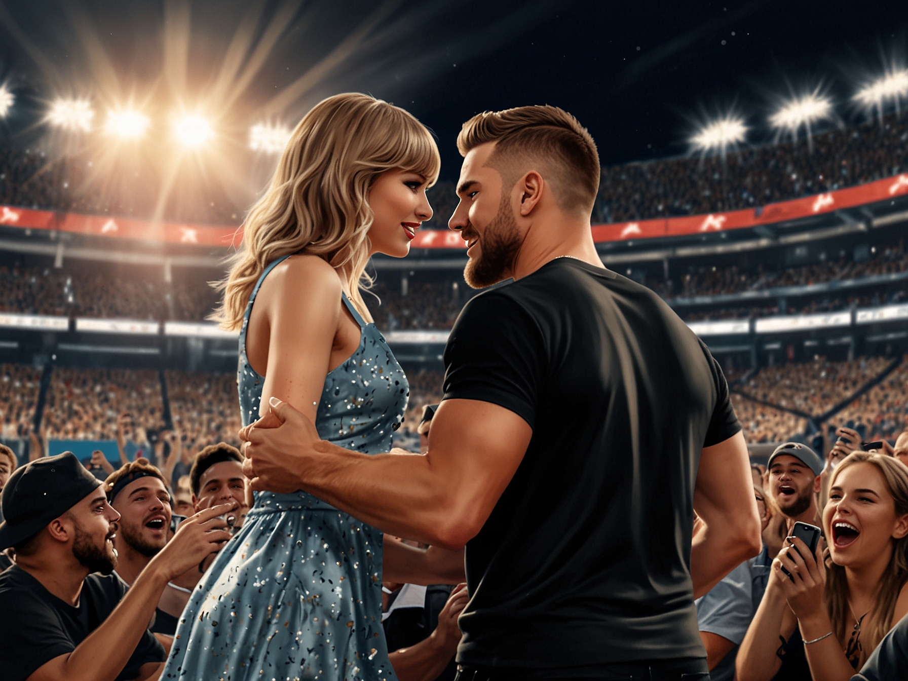 Taylor Swift performing on stage at Wembley Stadium with NFL star Travis Kelce, captivating a cheering crowd during a special segment of her 'Eras Tour'.