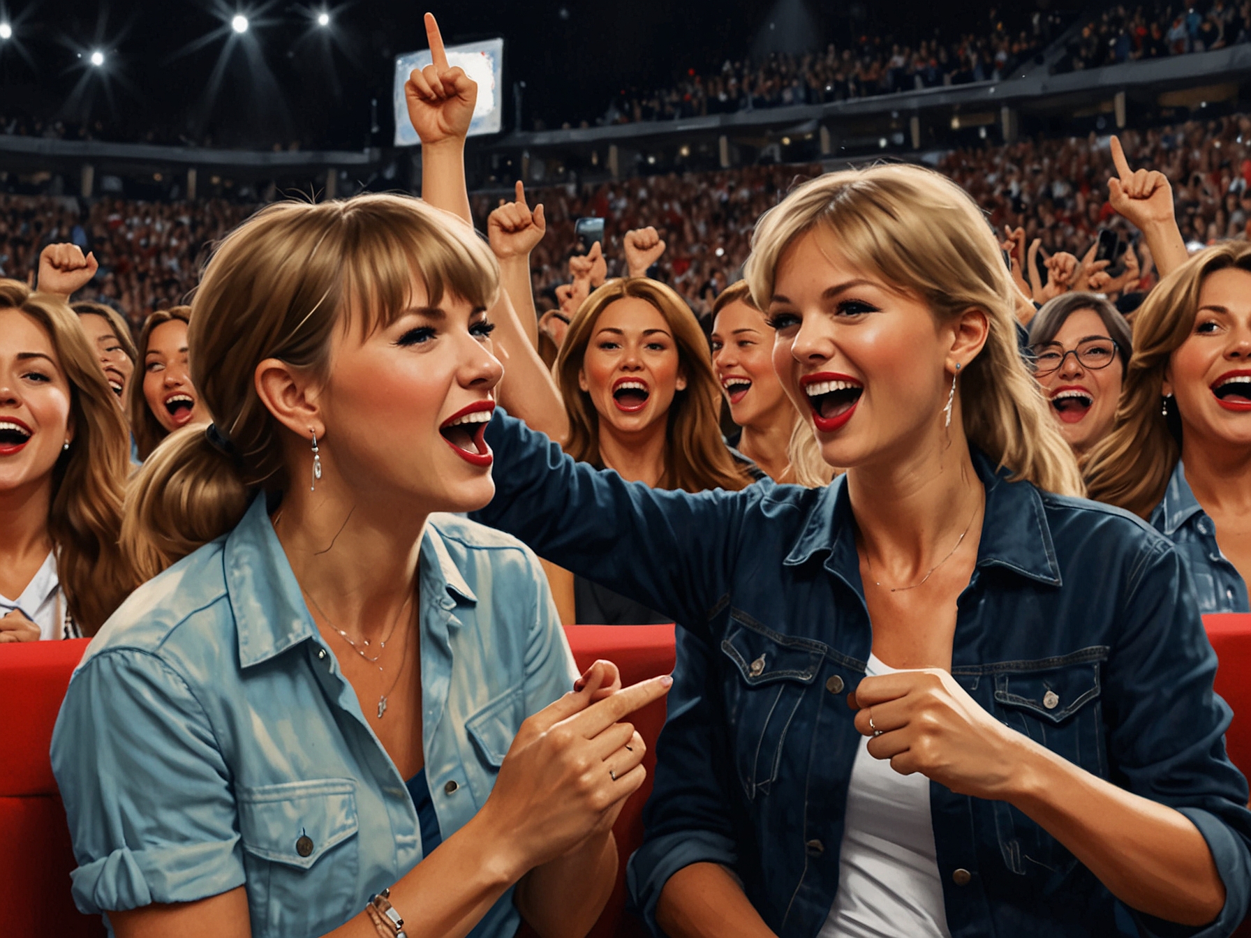 Donna Kelce enthusiastically cheering and showing support during Taylor Swift's concert, reflecting her approval of the unexpected collaboration between her son Travis and the pop star.