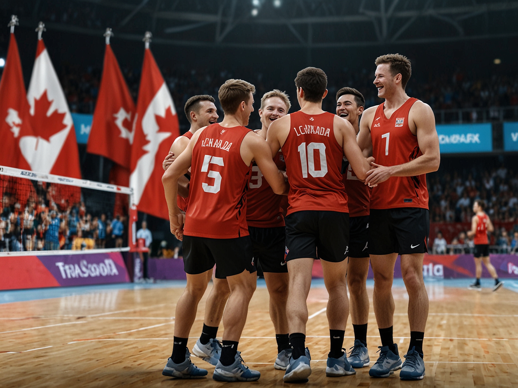 Team Canada celebrates after winning the Manila Leg of the VNL 2024, with star players Stephen Maar and Eric Loeppky leading the charge, showcasing their teamwork and determination on the court.