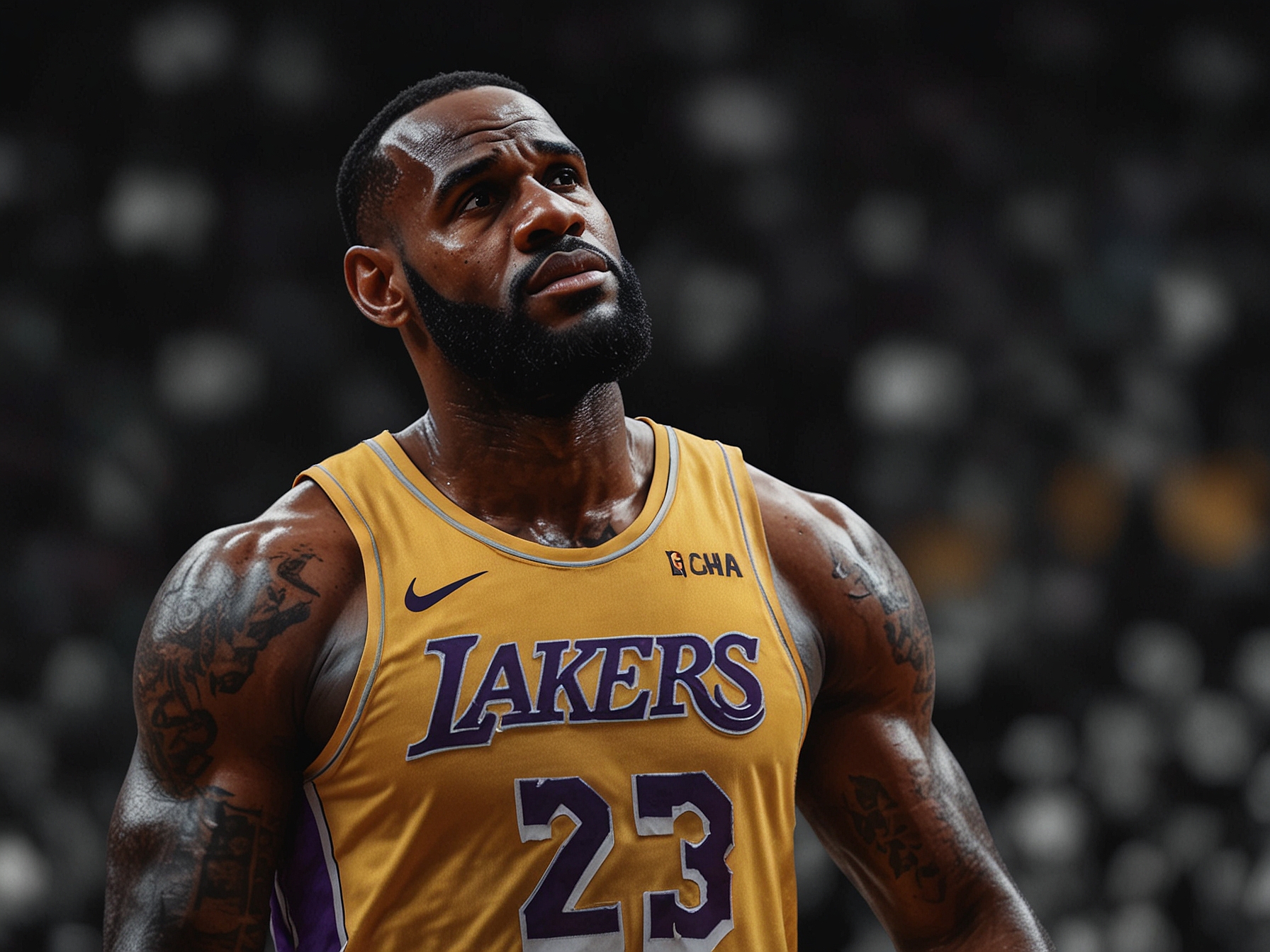 LeBron James, in his Lakers uniform, signals to the crowd at a home game, symbolizing his crucial role and the potential impact of his departure on the team’s future.