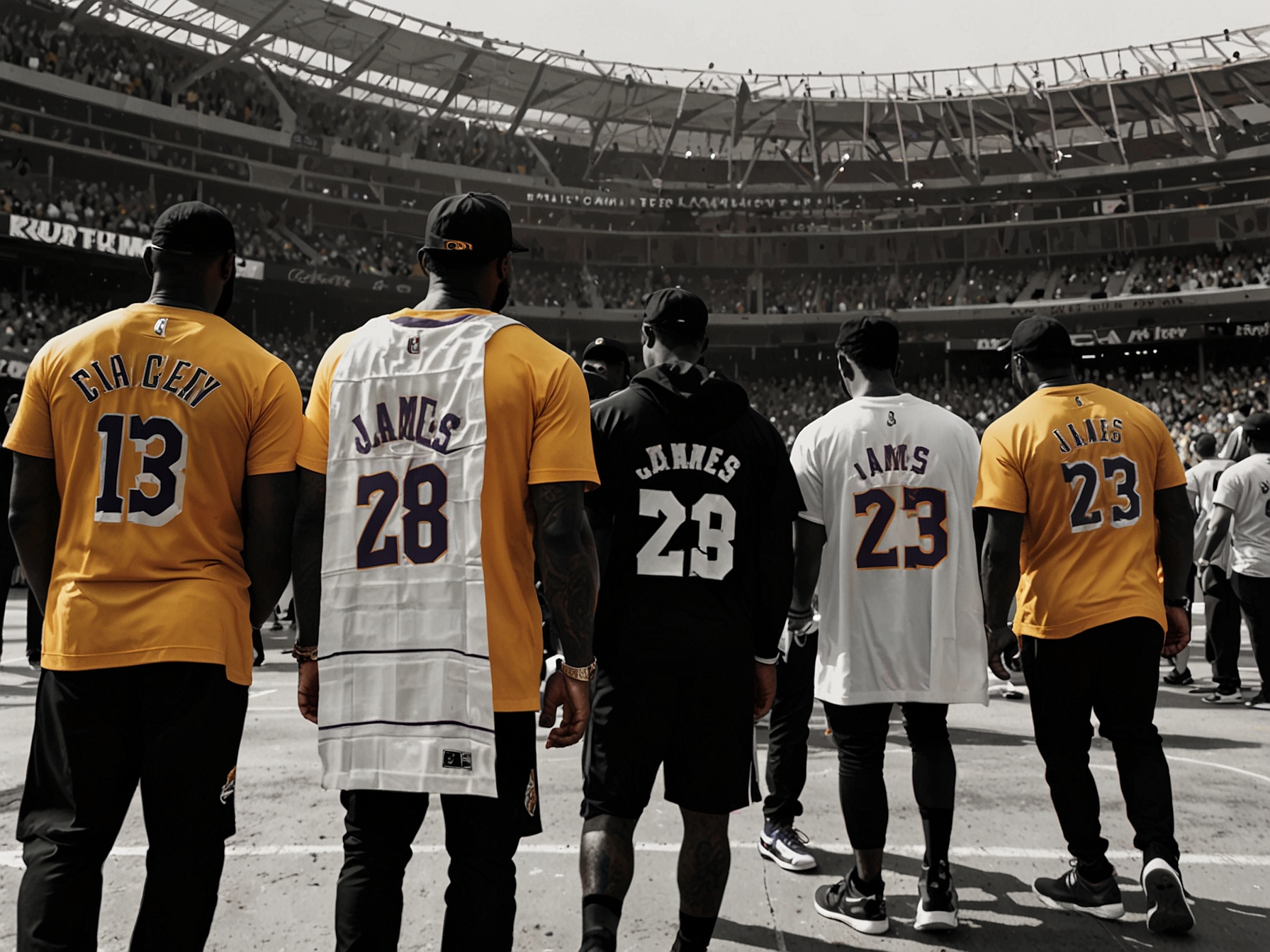 A group of fans gathered outside the Lakers’ stadium holding banners and merchandise dedicated to LeBron James, representing the emotional bond between the player and the fanbase.