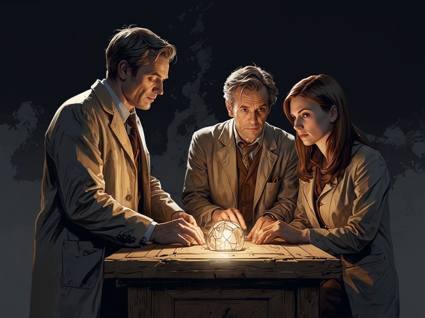 An illustration of the Doctor and companions pondering over a mysterious artifact, symbolizing the show's thematic focus on questions and the quest for knowledge.