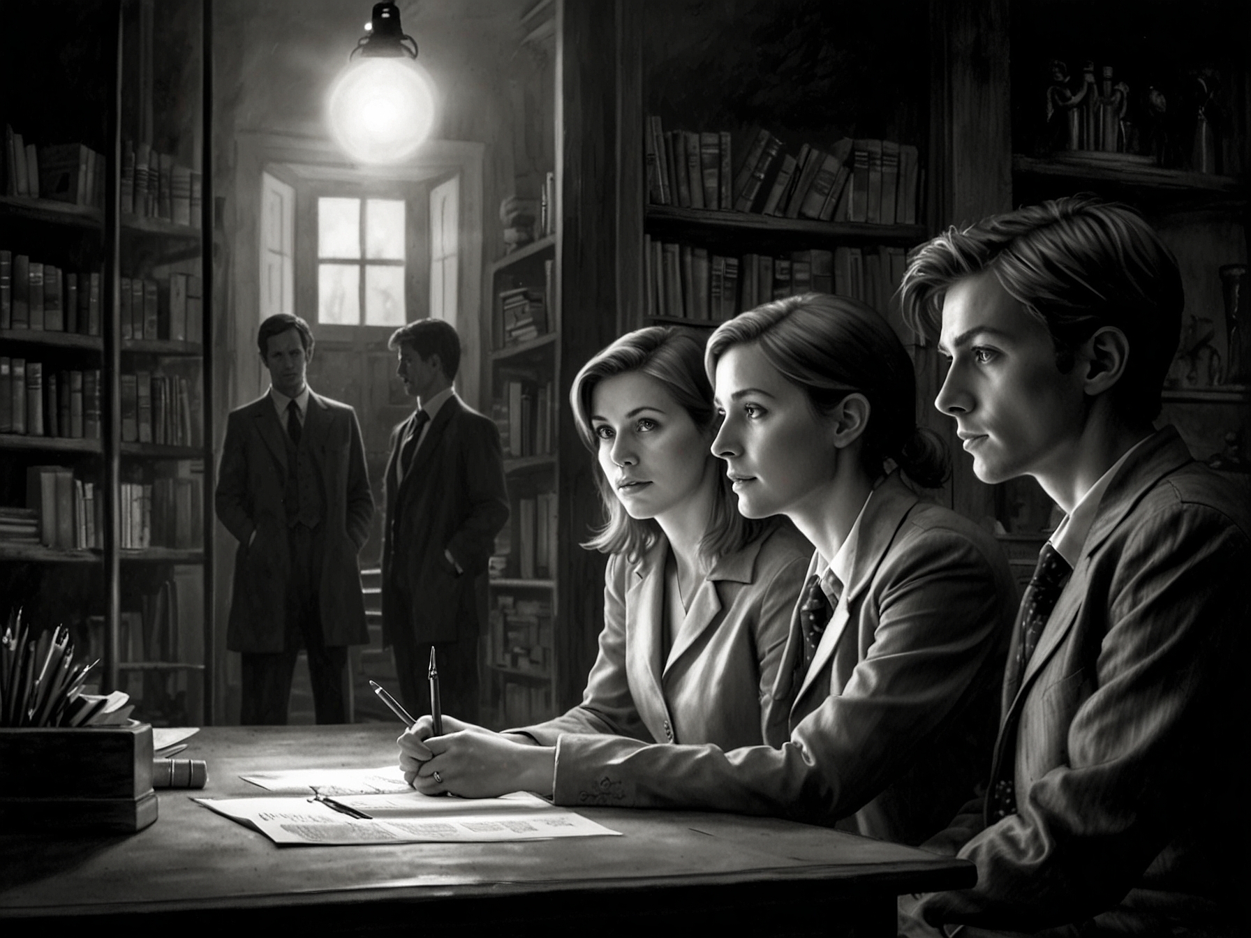 A scene showing the Doctor and companions engaged in a quiet, reflective moment, highlighting how small, intimate revelations often hold the key to understanding larger mysteries.