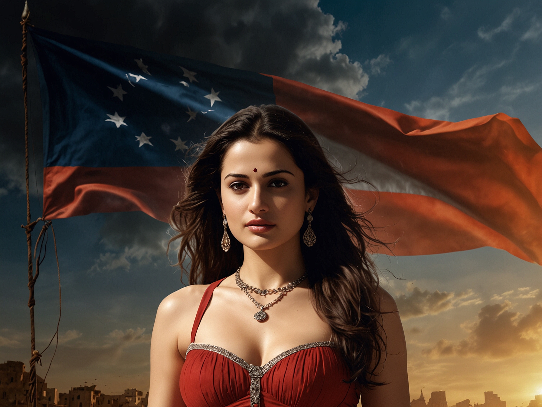 Ameesha Patel as Sakeena, standing confidently against a dramatic backdrop, symbolizing her demand for a substantial role in 'Gadar 3.' The image highlights her pivotal impact on the franchise.