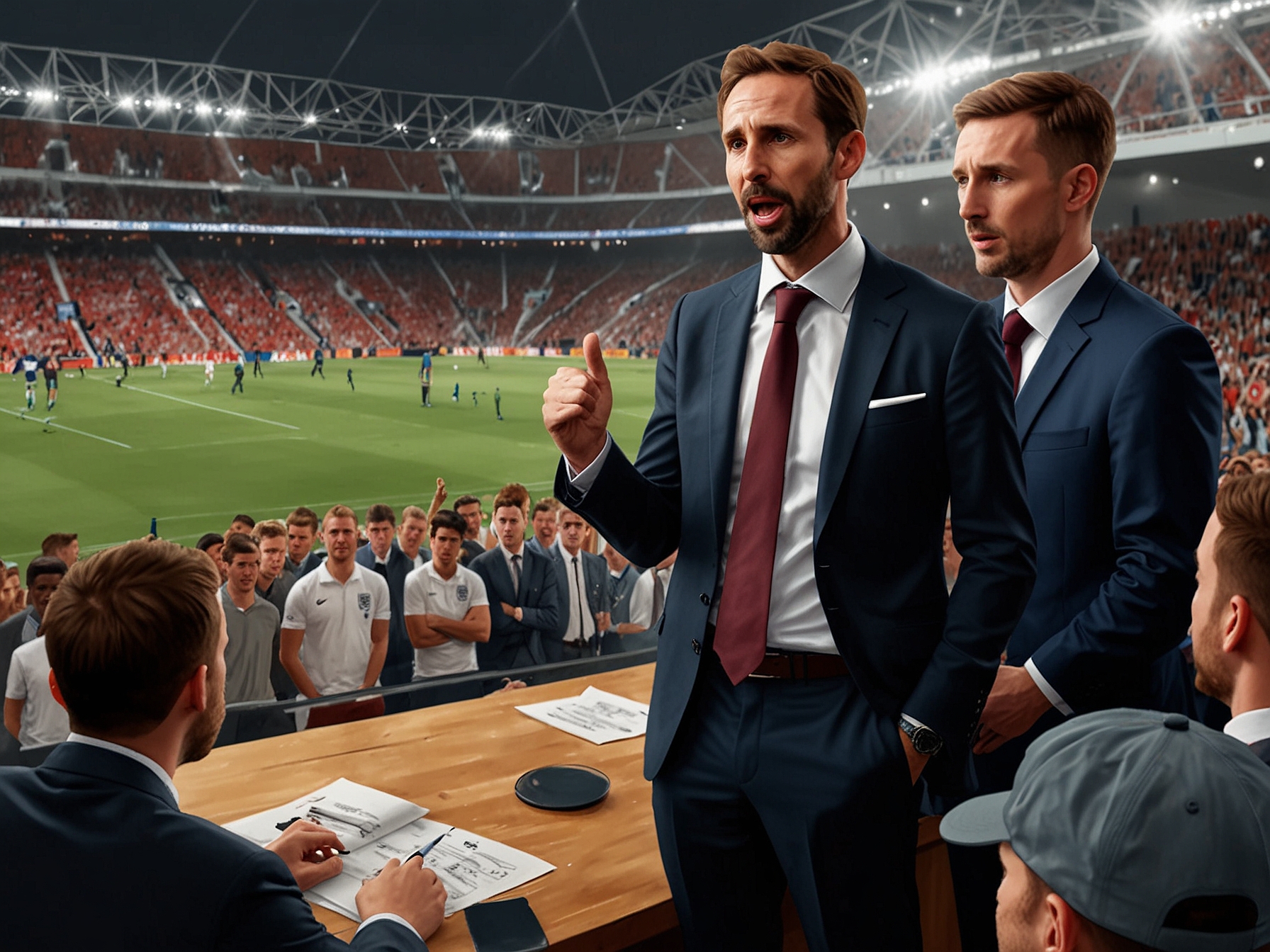 Gareth Southgate announcing the England squad for Euro 2024, notably missing Jack Grealish, with a backdrop of eager fans and analysts debating the decision.