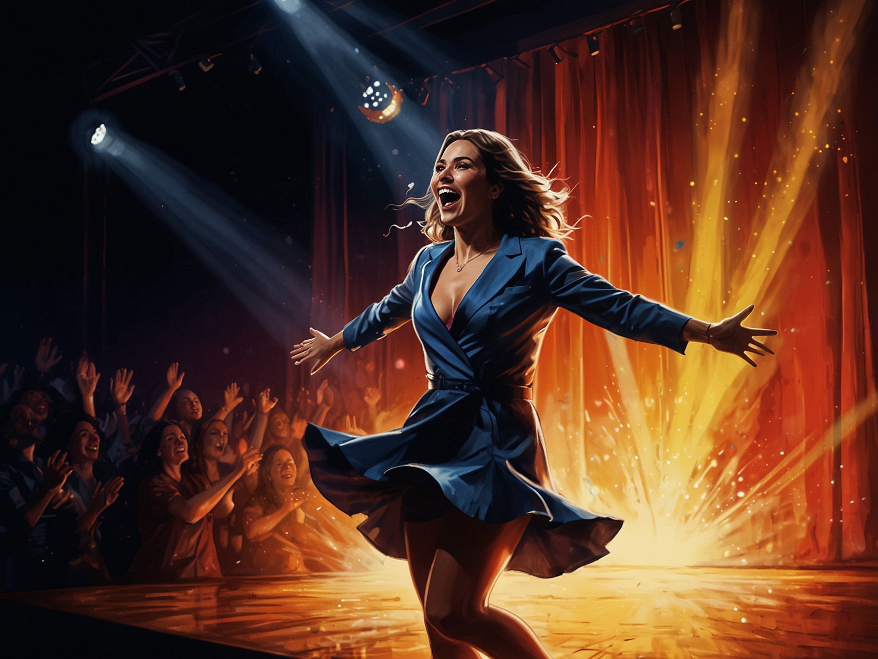 Nathy Peluso performing energetically on stage with vibrant lighting and a dynamic backdrop, capturing the high energy and theatrical flair of her live shows.