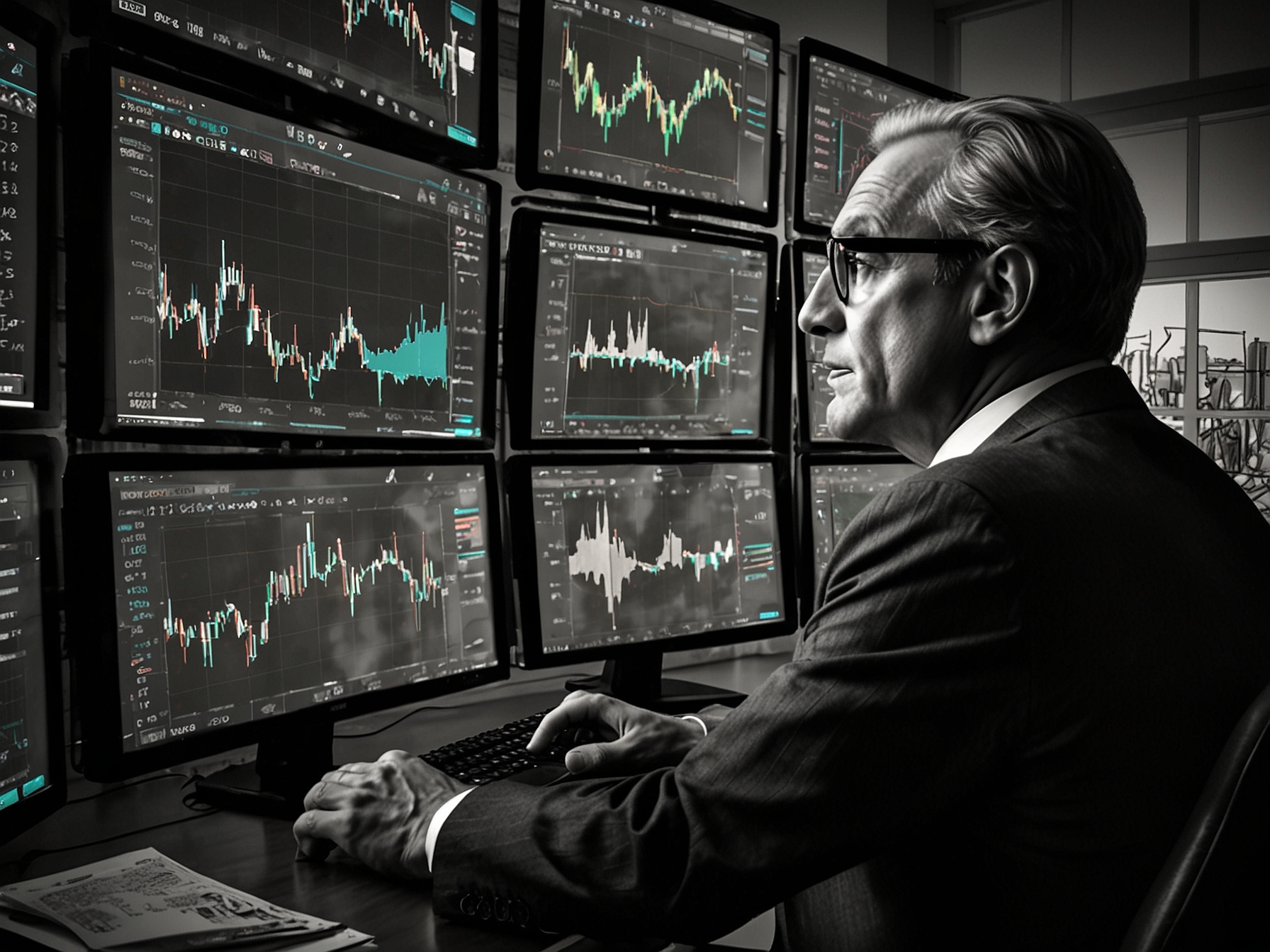 An investor closely analyzing stock trends on a computer screen, reflecting Penn Entertainment’s potential buyout interest and the subsequent market buzz.