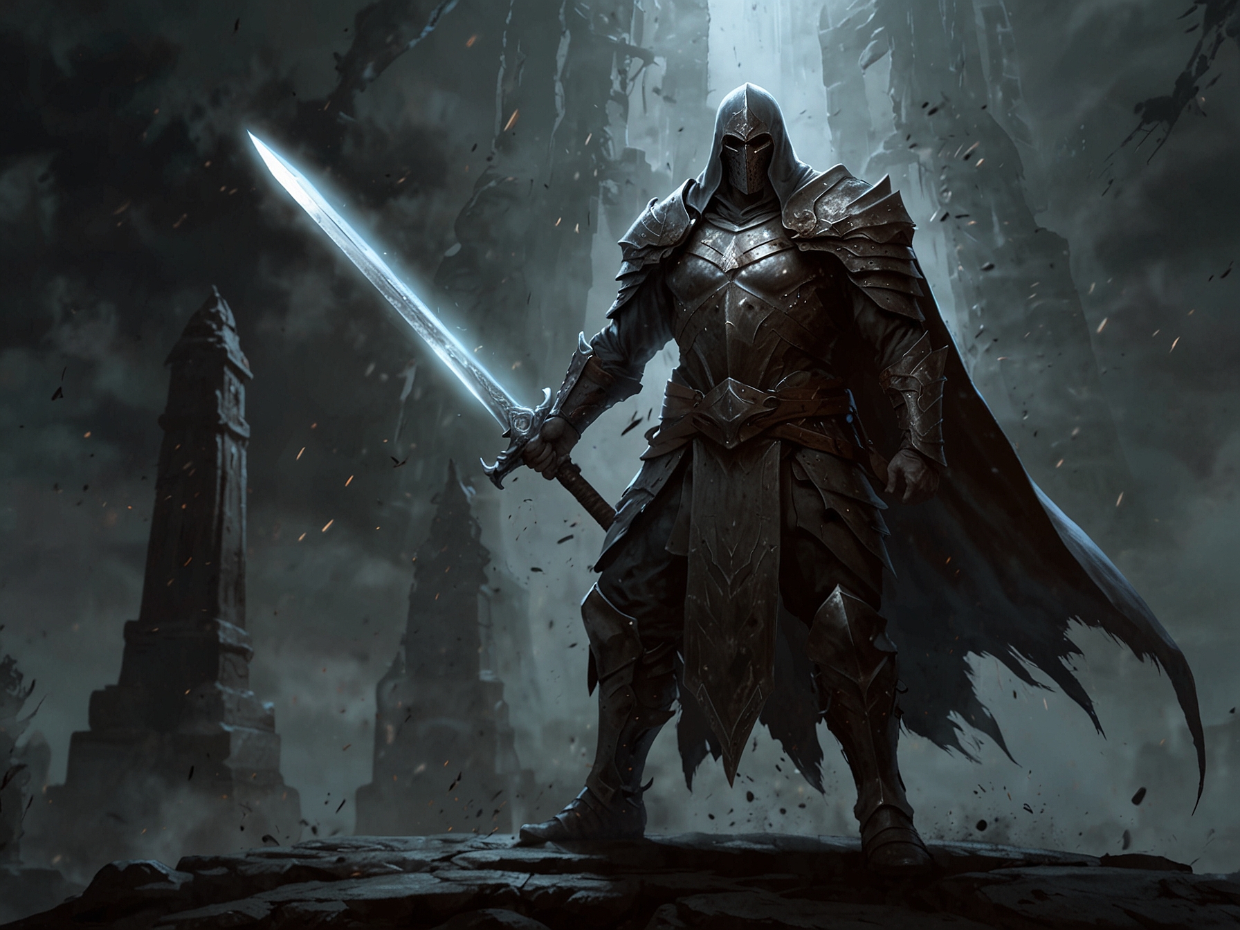 An Elden Ring character wielding a massive greatsword in a two-handed stance, ready to unleash a formidable attack on approaching enemies, illustrating the powerful combat mechanics.