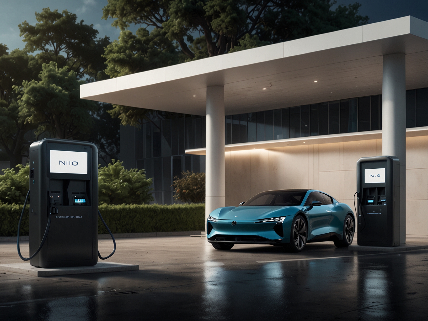 A visual representation of NIO’s Battery as a Service (BaaS) model with a NIO service station where vehicles are swapping batteries, emphasizing the convenience and cost-effectiveness of this subscription service.