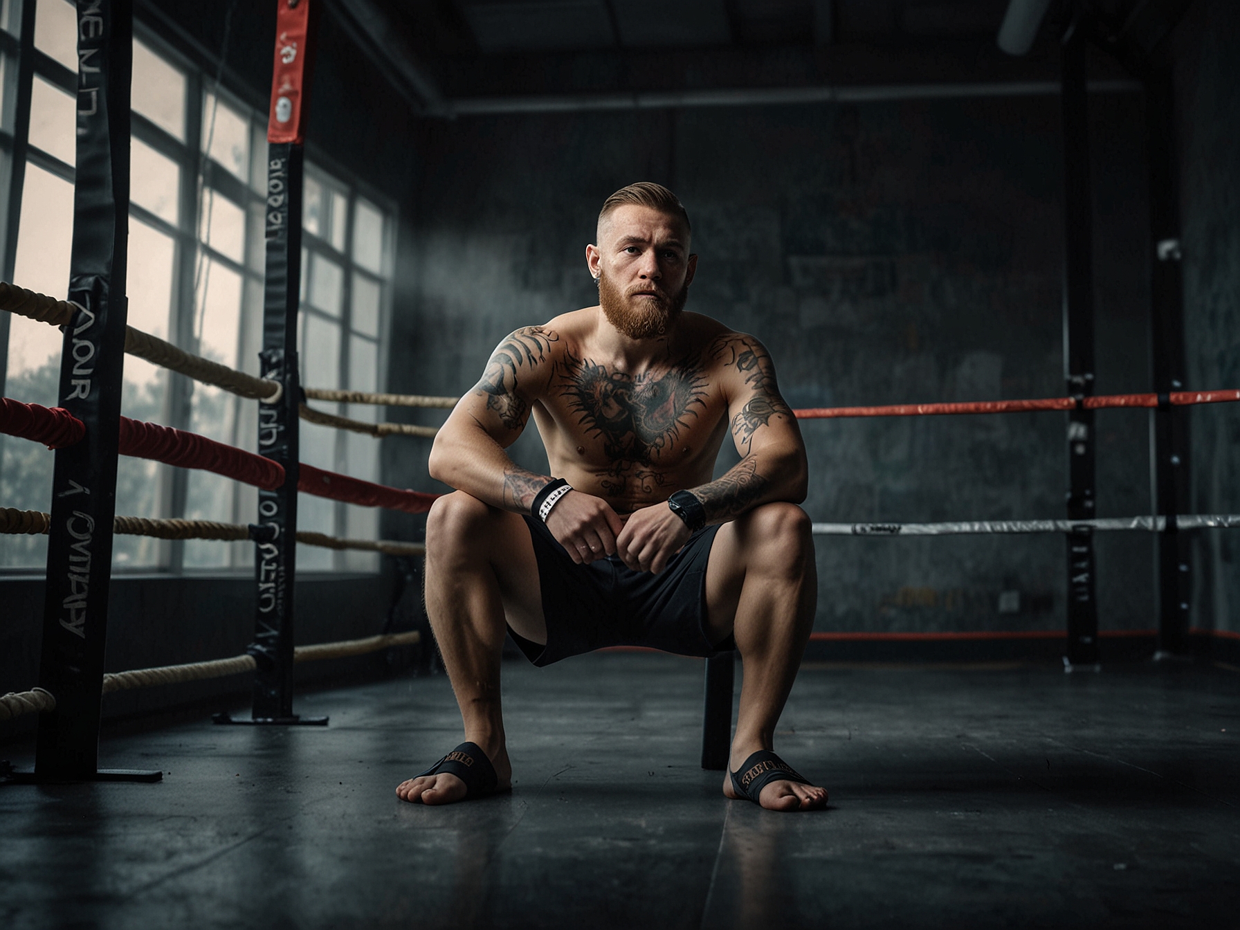 Conor McGregor, wearing slippers due to a broken toe, is shown in a training environment. His determined expression highlights his focus on recovery and preparation for a summer MMA comeback.