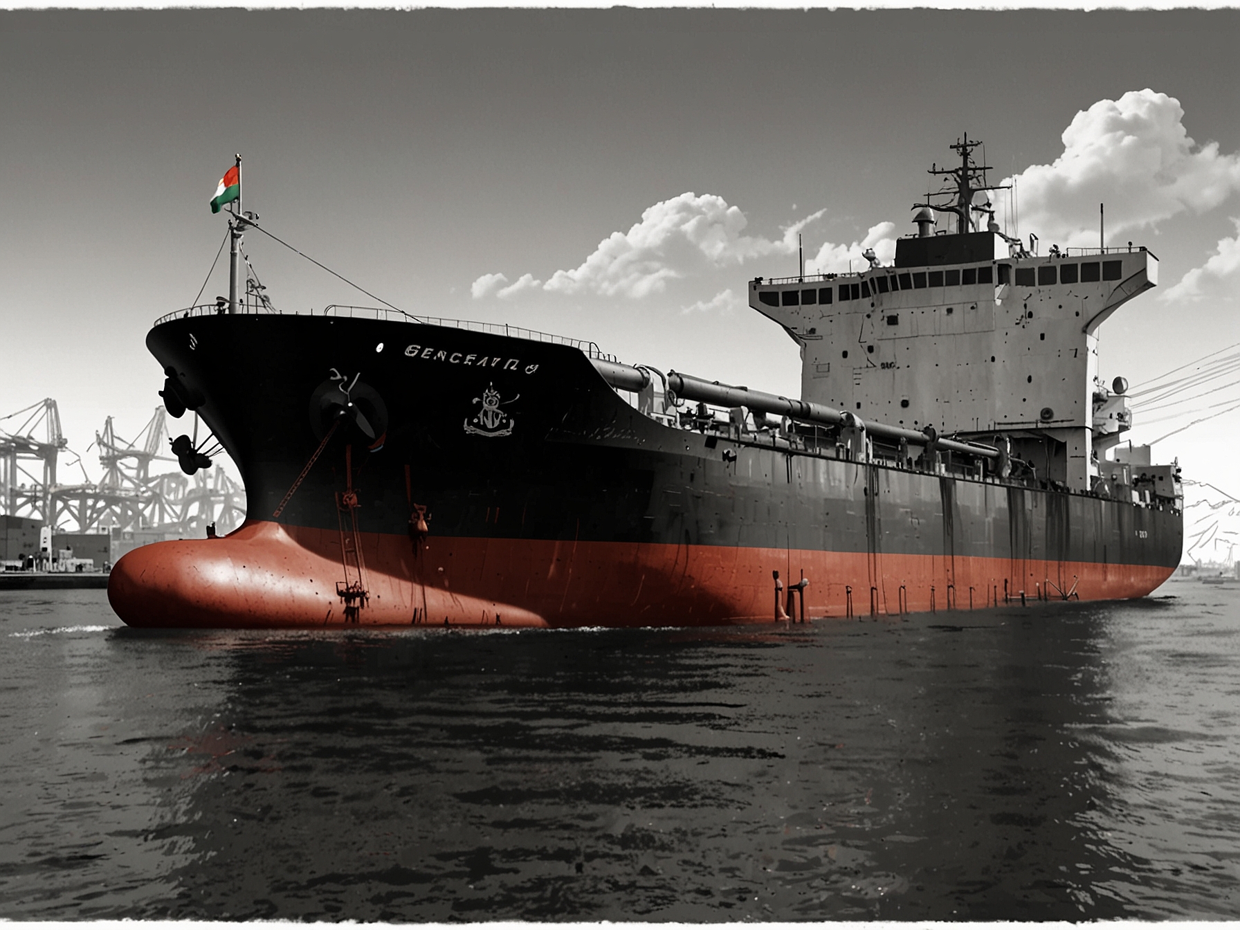 An illustration of an oil tanker docked at a port under the Iranian flag, symbolizing Iran's ongoing efforts to navigate international sanctions and maintain fair oil export prices.