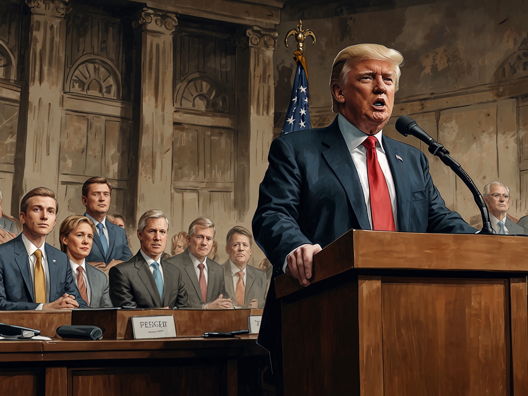 An image of President Trump speaking at a podium during a debate, passionately addressing economic recovery plans and emphasizing job creation efforts amidst the COVID-19 pandemic.
