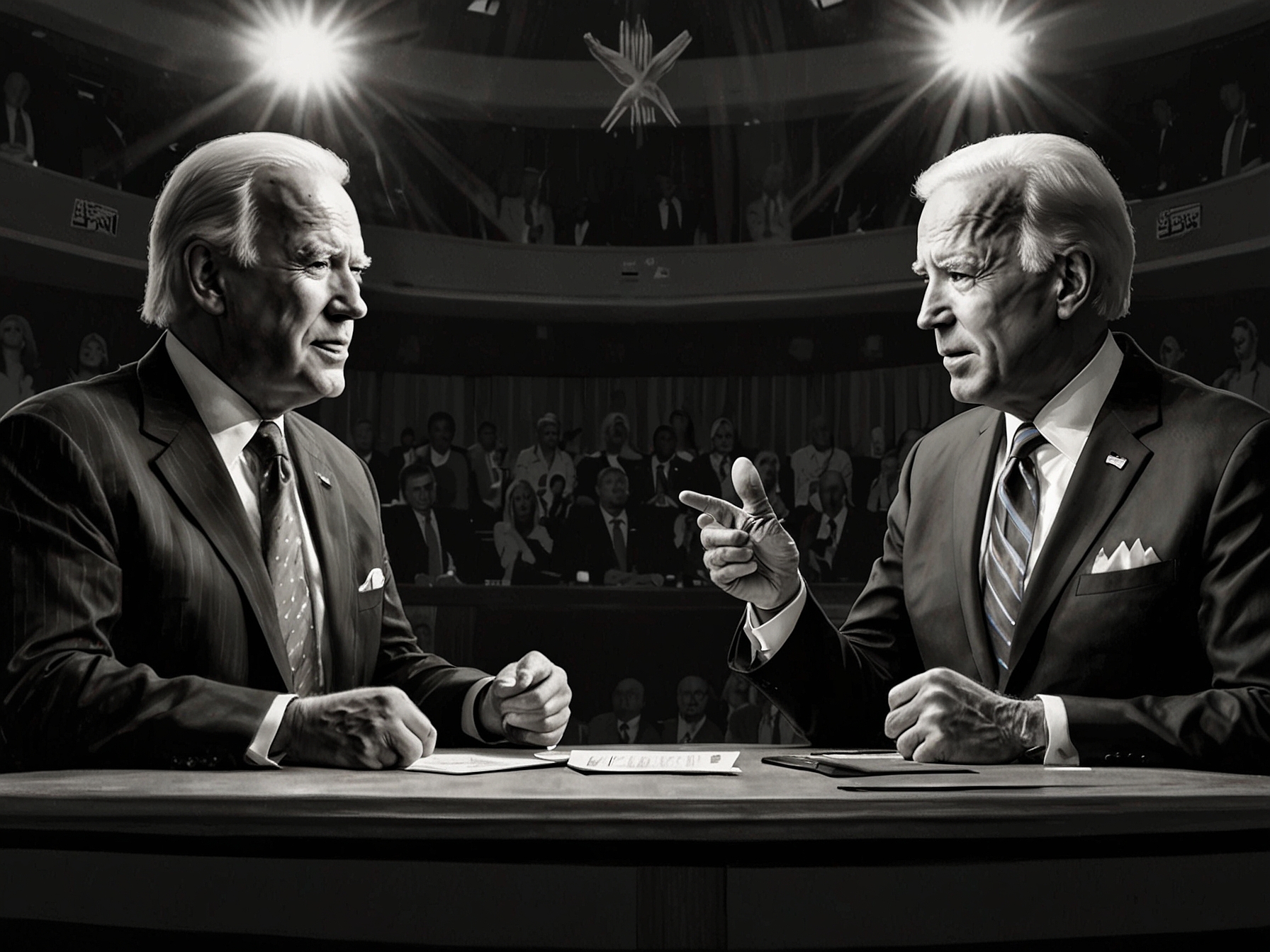 A split-screen image showing Trump and Biden during a debate, highlighting contrasting viewpoints on health care and public safety, with Trump stressing law and order and Biden addressing health care reforms.