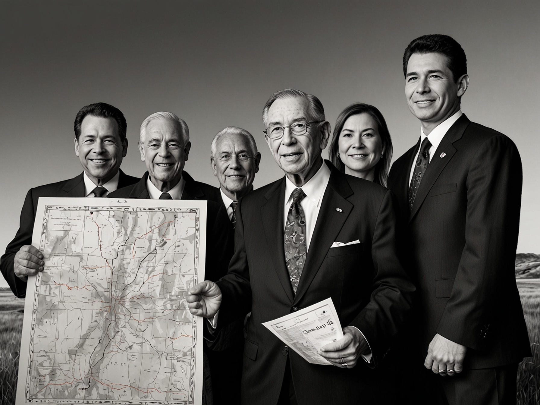 Senator Chuck Grassley stands with tribal leaders, holding a map of the 1,600 acres of land being returned to the Winnebago Tribe of Nebraska, celebrating the Senate's historic decision.
