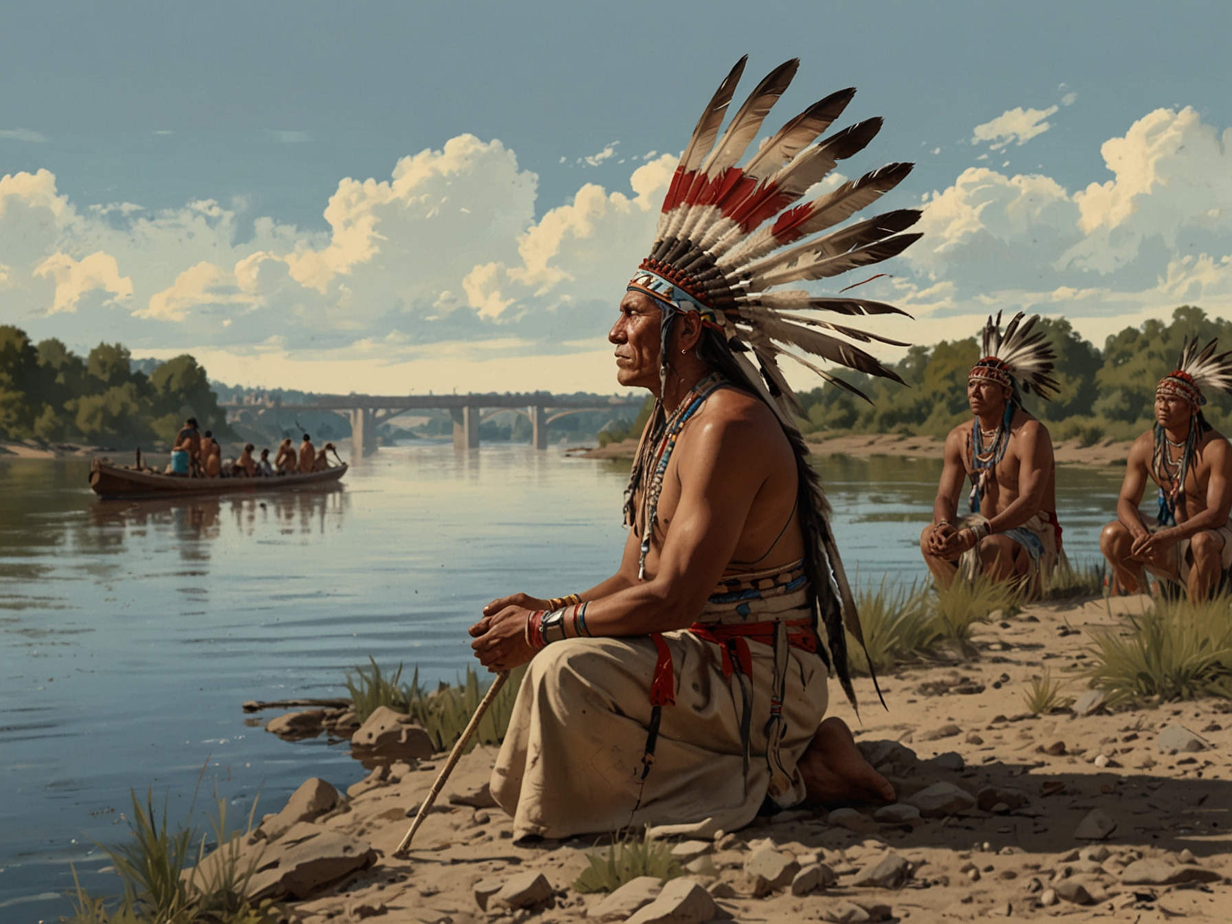 Members of the Winnebago Tribe of Nebraska gather along the banks of the Missouri River, performing a traditional ceremony to honor the return of their ancestral lands.