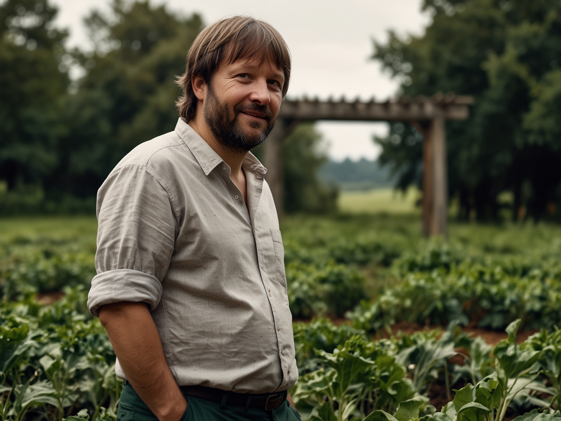 René Redzepi standing in a verdant, sustainable farm, discussing the importance of local and seasonal ingredients for a more eco-friendly culinary practice in 'Omnivore.'