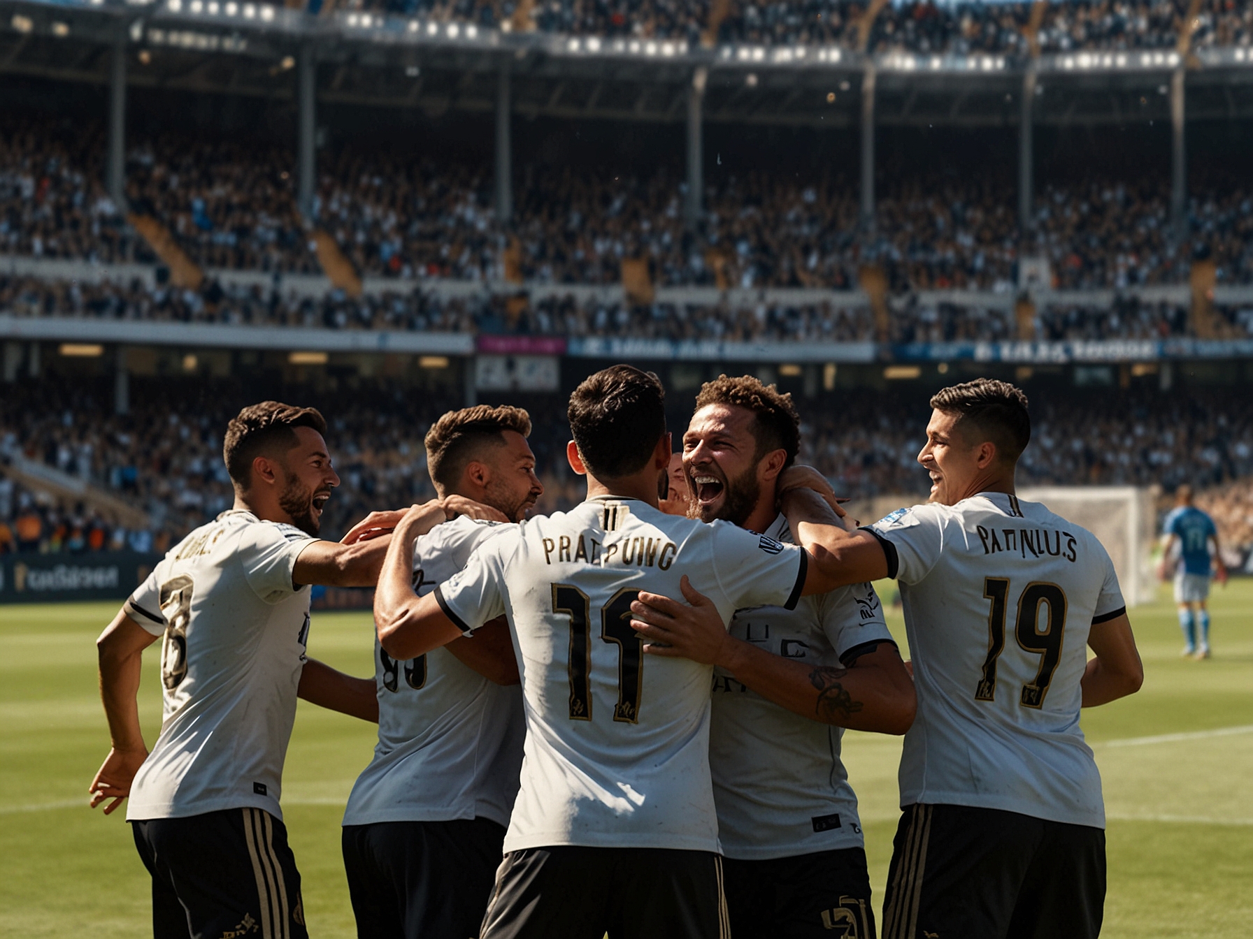 LAFC players celebrating a goal during their 6-2 victory over the San Jose Earthquakes. The image captures the jubilation of the team as they dominate the match at their home ground.